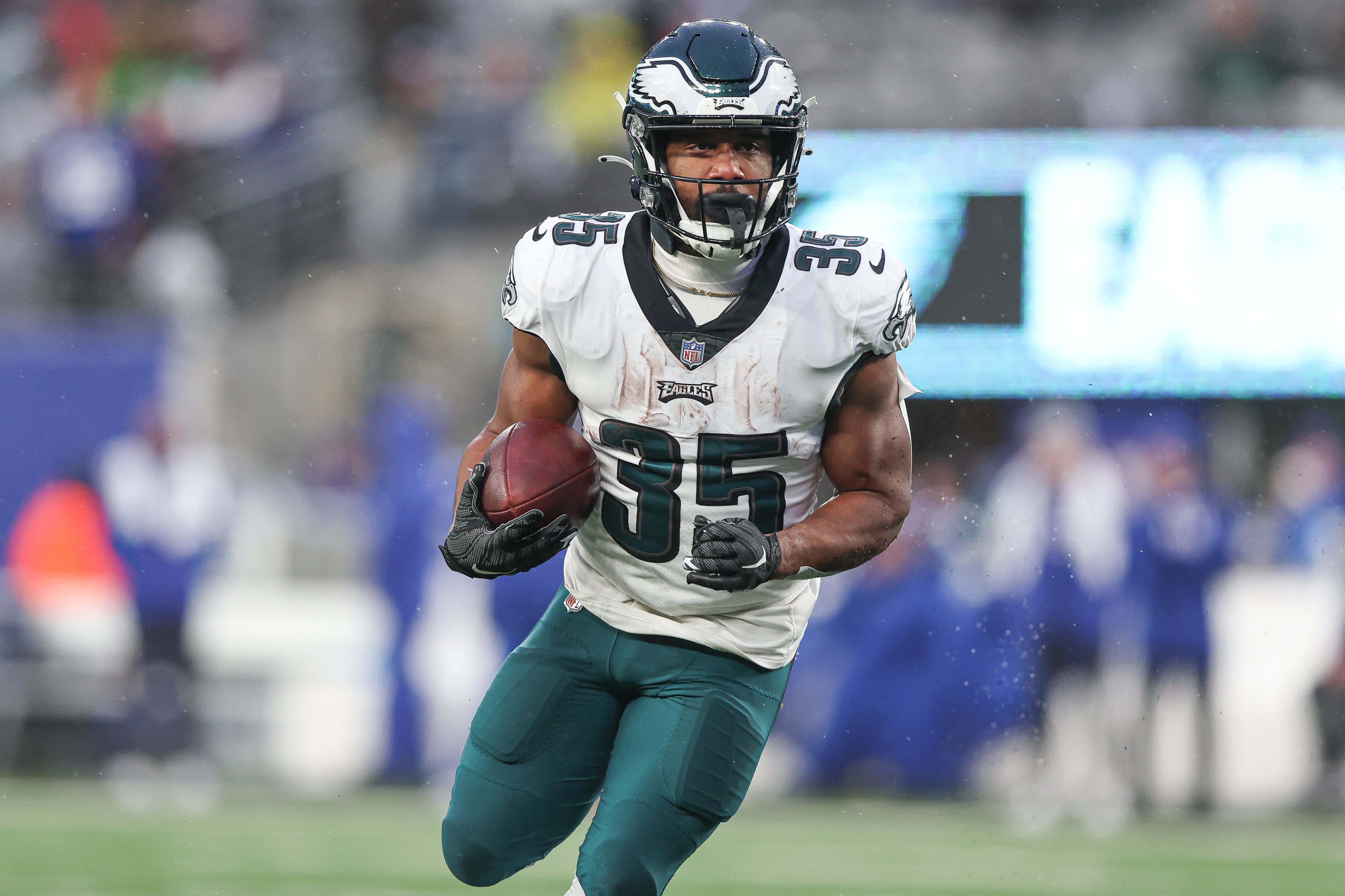 Philadelphia Eagles running back Boston Scott (35) carries the ball during the second half against the New York Giants at MetLife Stadium.