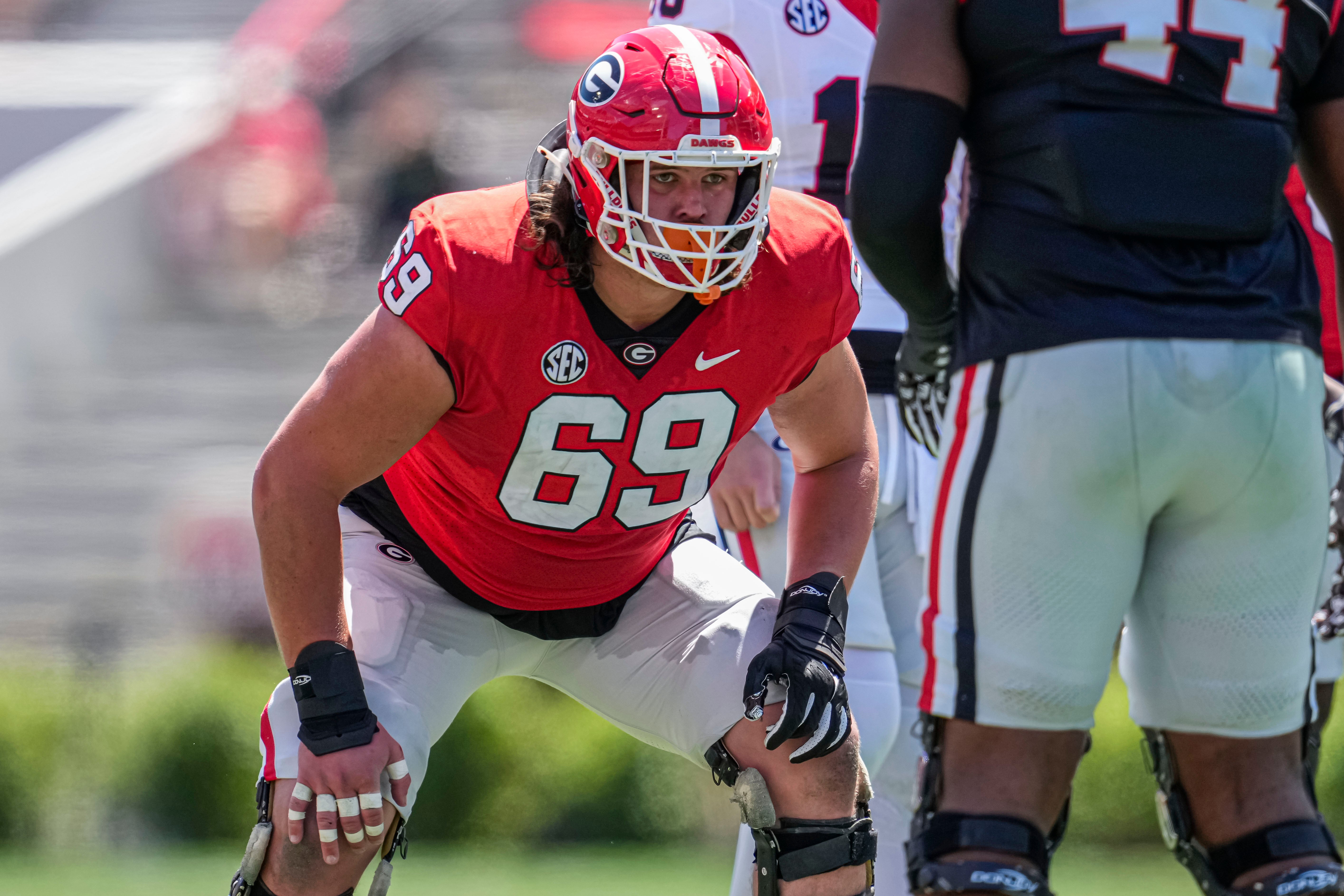 Georgia Bulldogs offensive lineman Tate Ratledge (69) shown during the G-Day Game at Sanford Stadium.