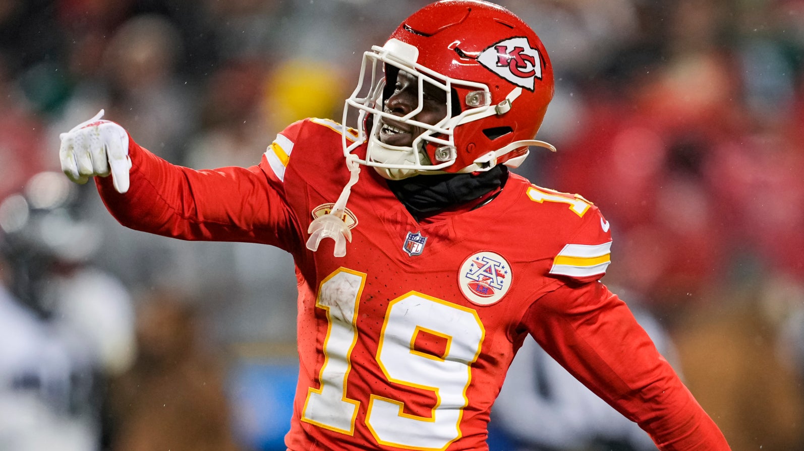 Nov 20, 2023; Kansas City, Missouri, USA; Kansas City Chiefs wide receiver Kadarius Toney (19) celebrates during the first half against the Philadelphia Eagles at GEHA Field at Arrowhead Stadium.