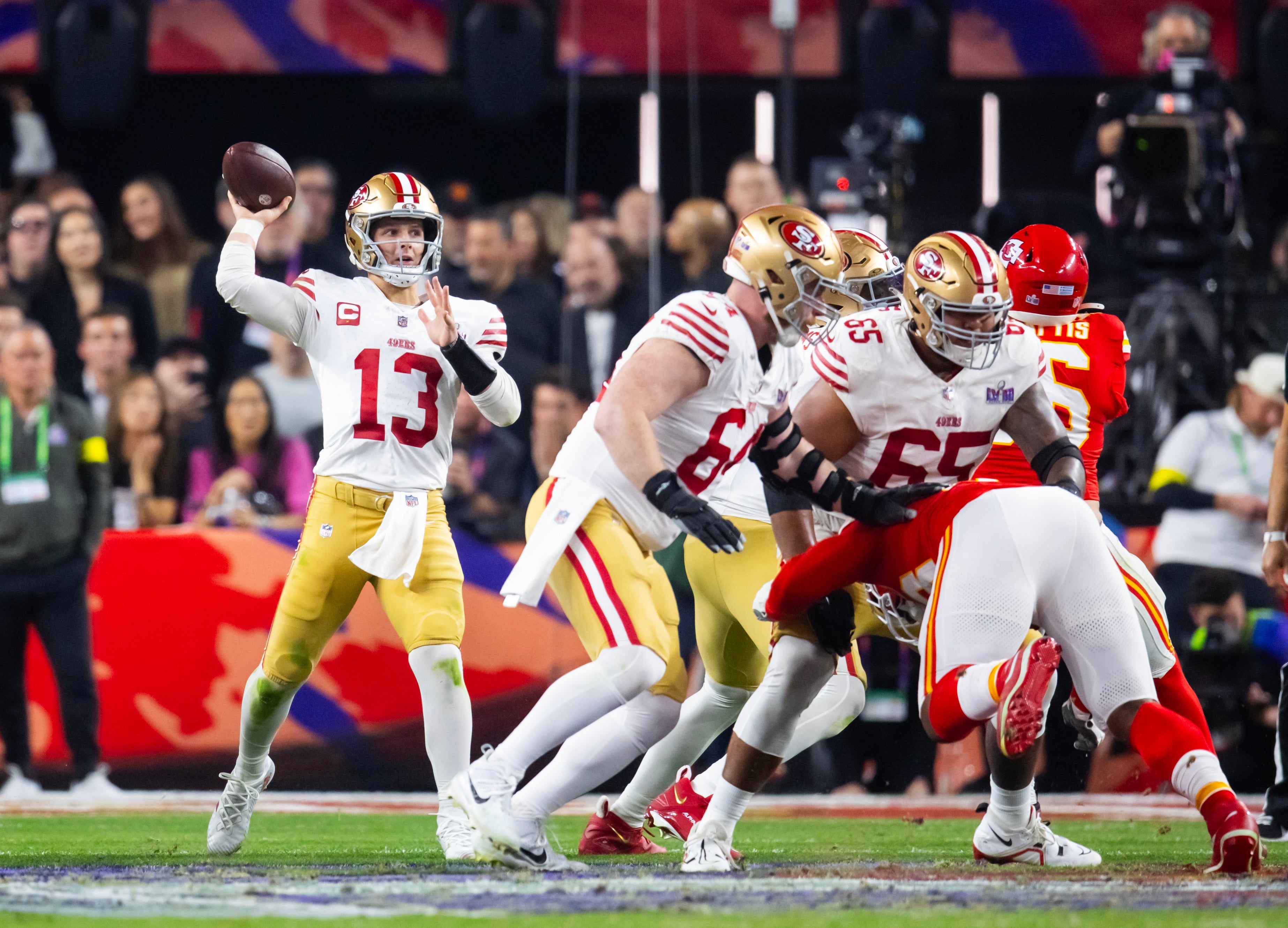 Feb 11, 2024; Paradise, Nevada, USA; San Francisco 49ers quarterback Brock Purdy (13) against the Kansas City Chiefs in Super Bowl LVIII at Allegiant Stadium.