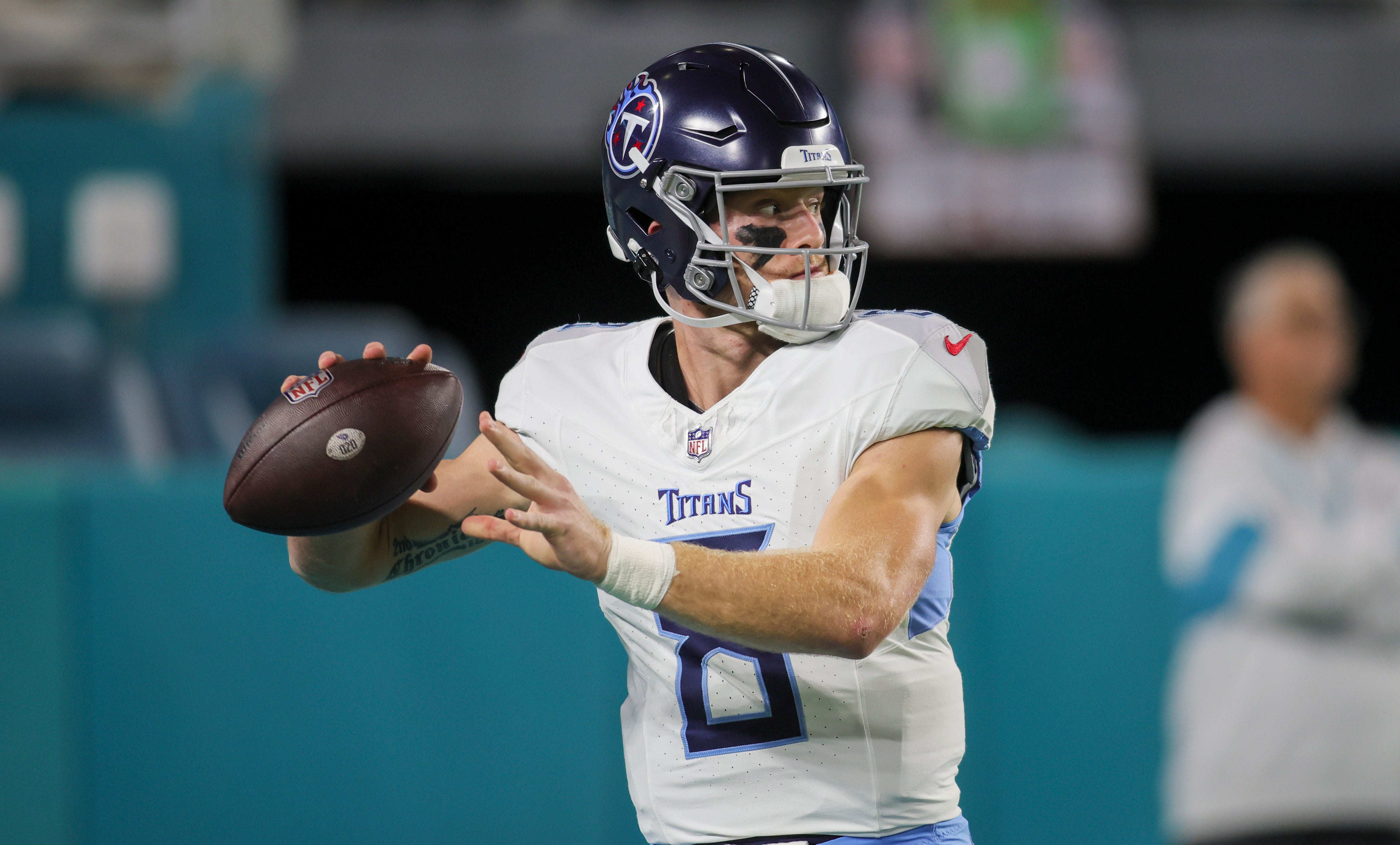Tennessee Titans quarterback Will Levis (8) throws the football during warmups prior to the game against the Miami Dolphins at Hard Rock Stadium. Sam Navarro-USA TODAY Sports