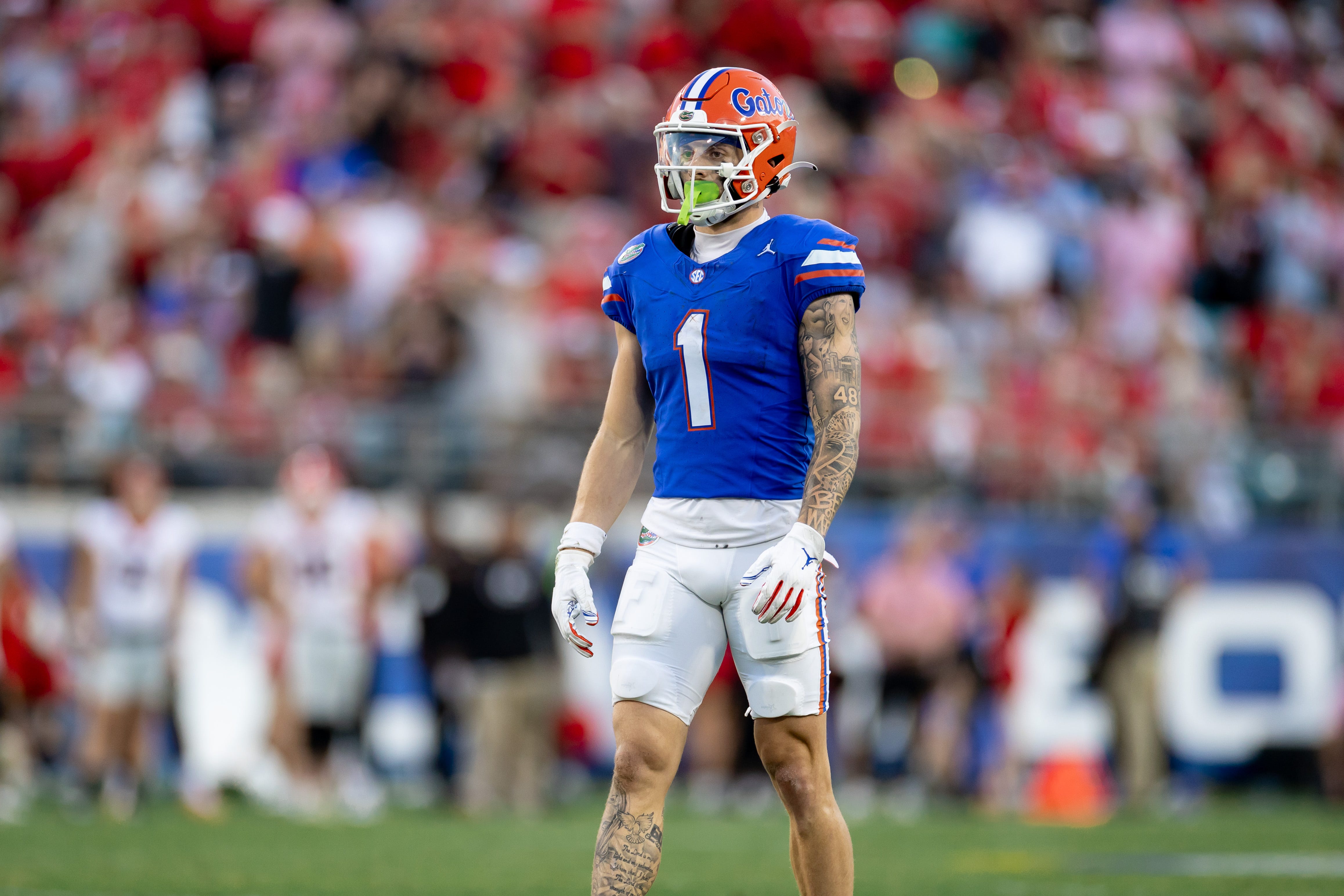 Florida Gators wide receiver Ricky Pearsall (1) waits for a play during the second half against the Georgia Bulldogs at Everbank Stadium in Jacksonville, FL on Saturday, October 28, 2023.