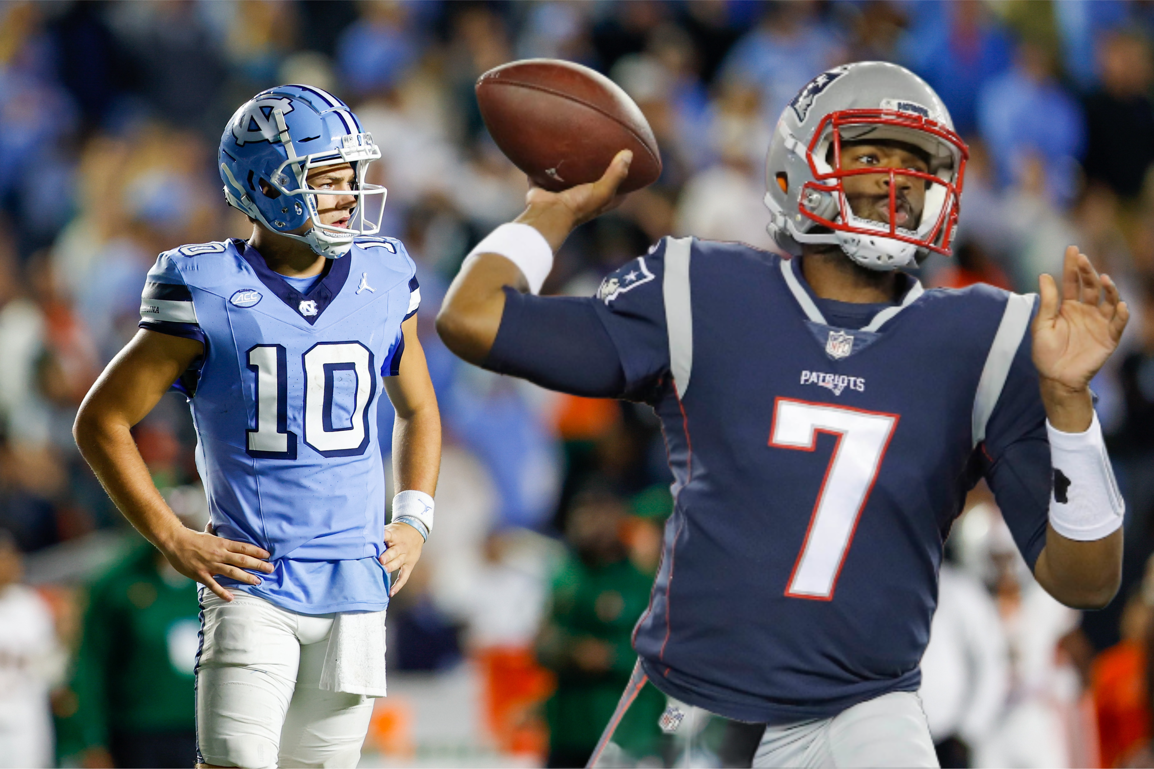 New England Patriots quarterbacks Jacoby Brissett and Drake Maye