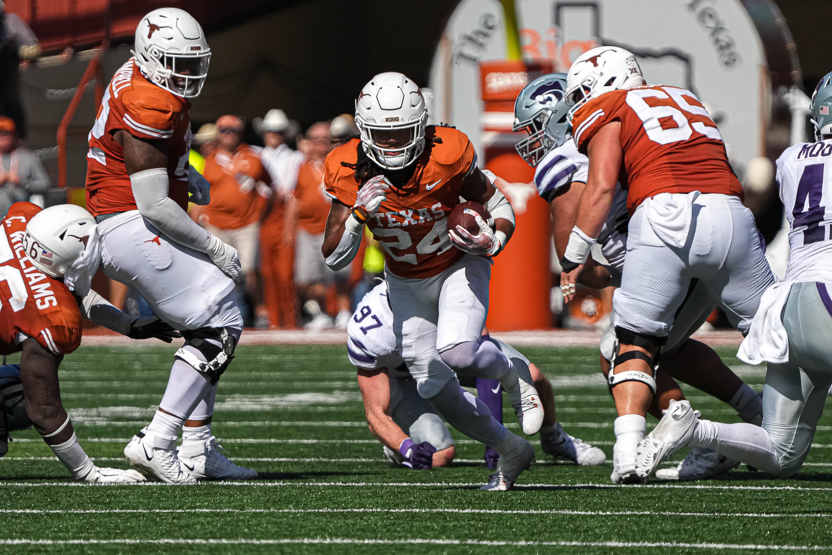 Texas Longhorns running back Jonathon Brooks (24) runs the ball against Kansas State at Royal-Memorial Stadium on Saturday, Nov. 4, 2023 in Austin.