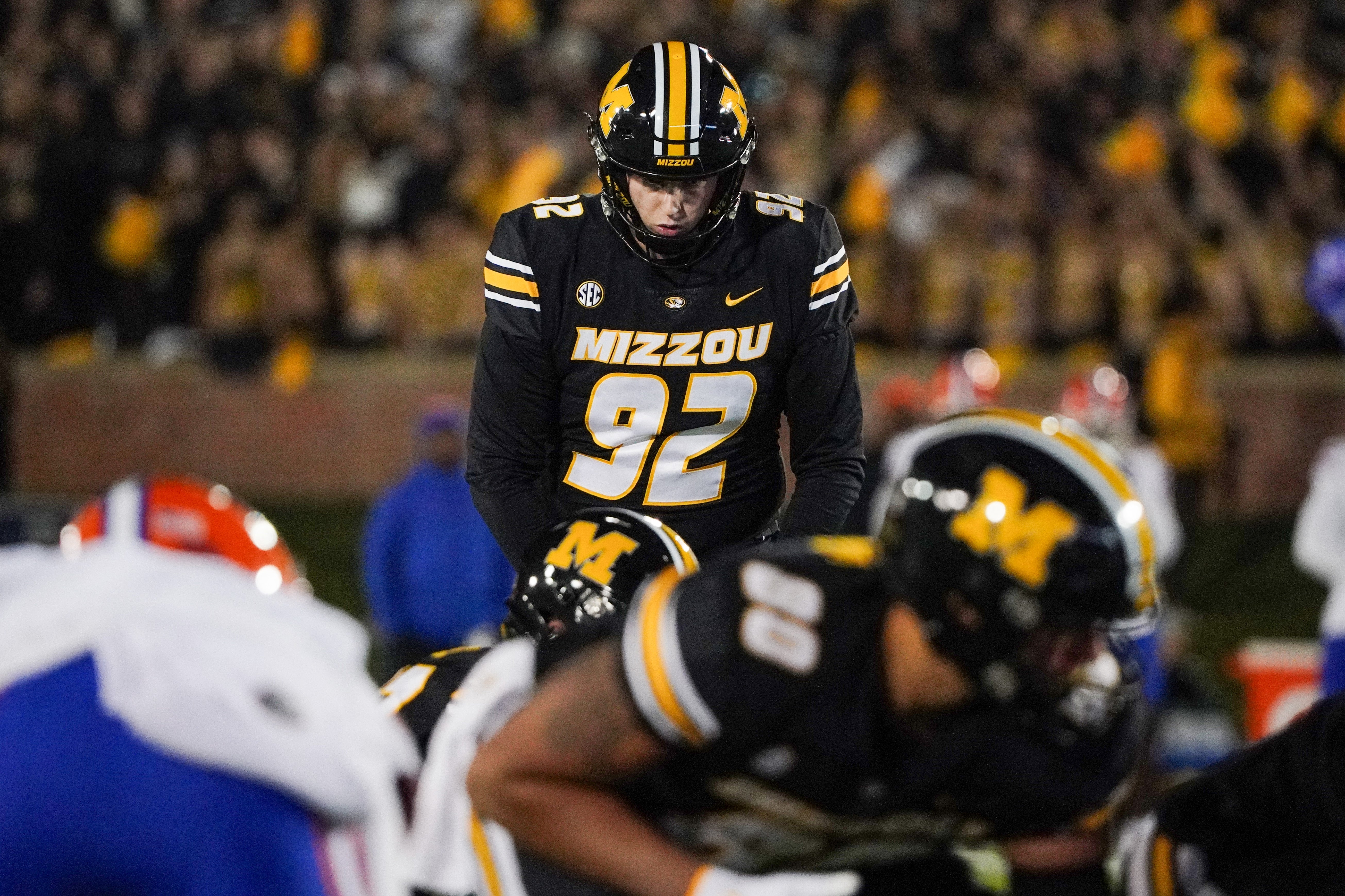 Nov 18, 2023; Columbia, Missouri, USA; Missouri Tigers place kicker Harrison Mevis (92) kicks a field goal against the Florida Gators during the first half at Faurot Field at Memorial Stadium. Mandatory Credit: Denny Medley-USA TODAY Sports