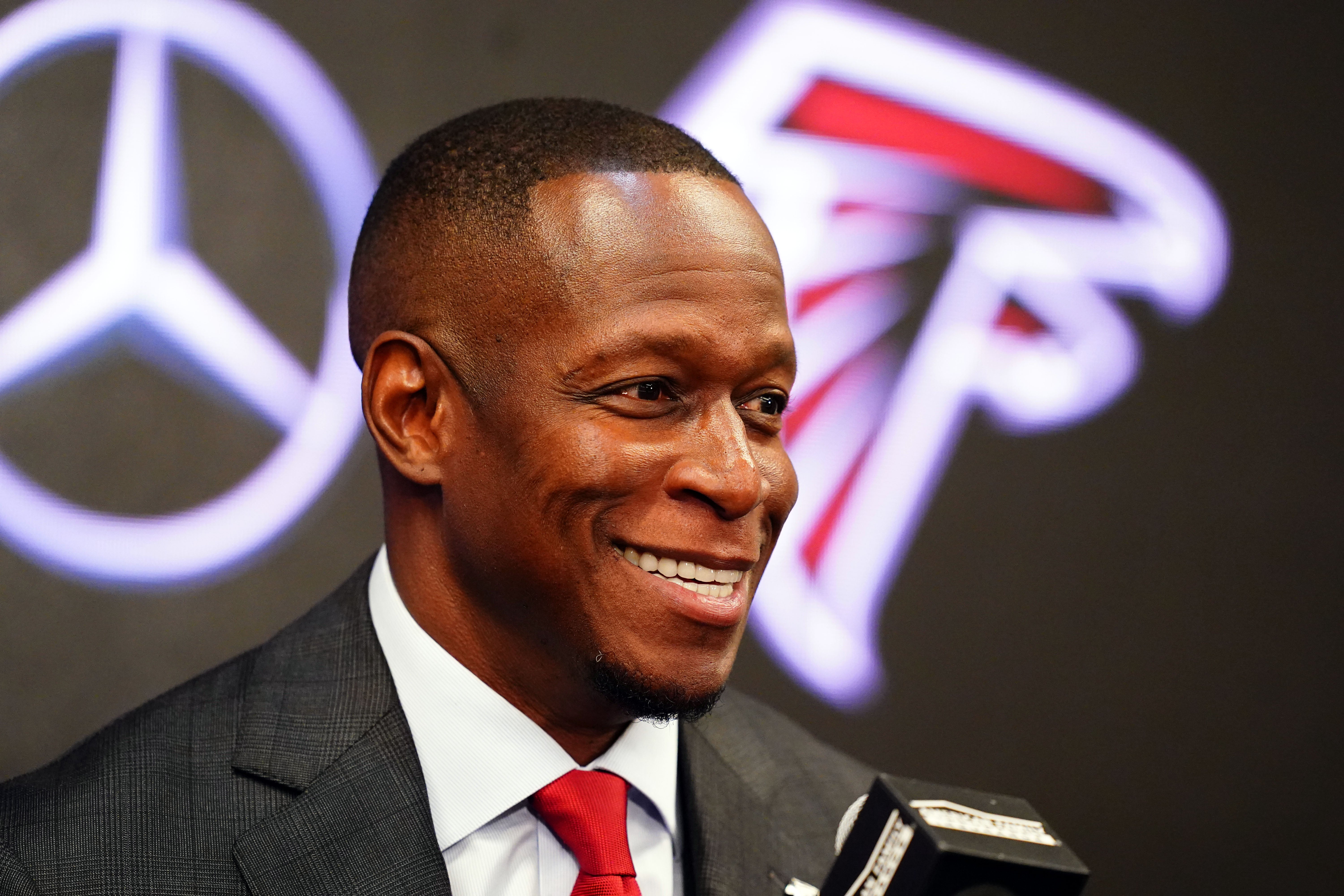 Feb 5, 2024; Atlanta, GA, USA; Raheem Morris is introduced as the new head coach of the Atlanta Falcons at Mercedes-Benz Stadium.
