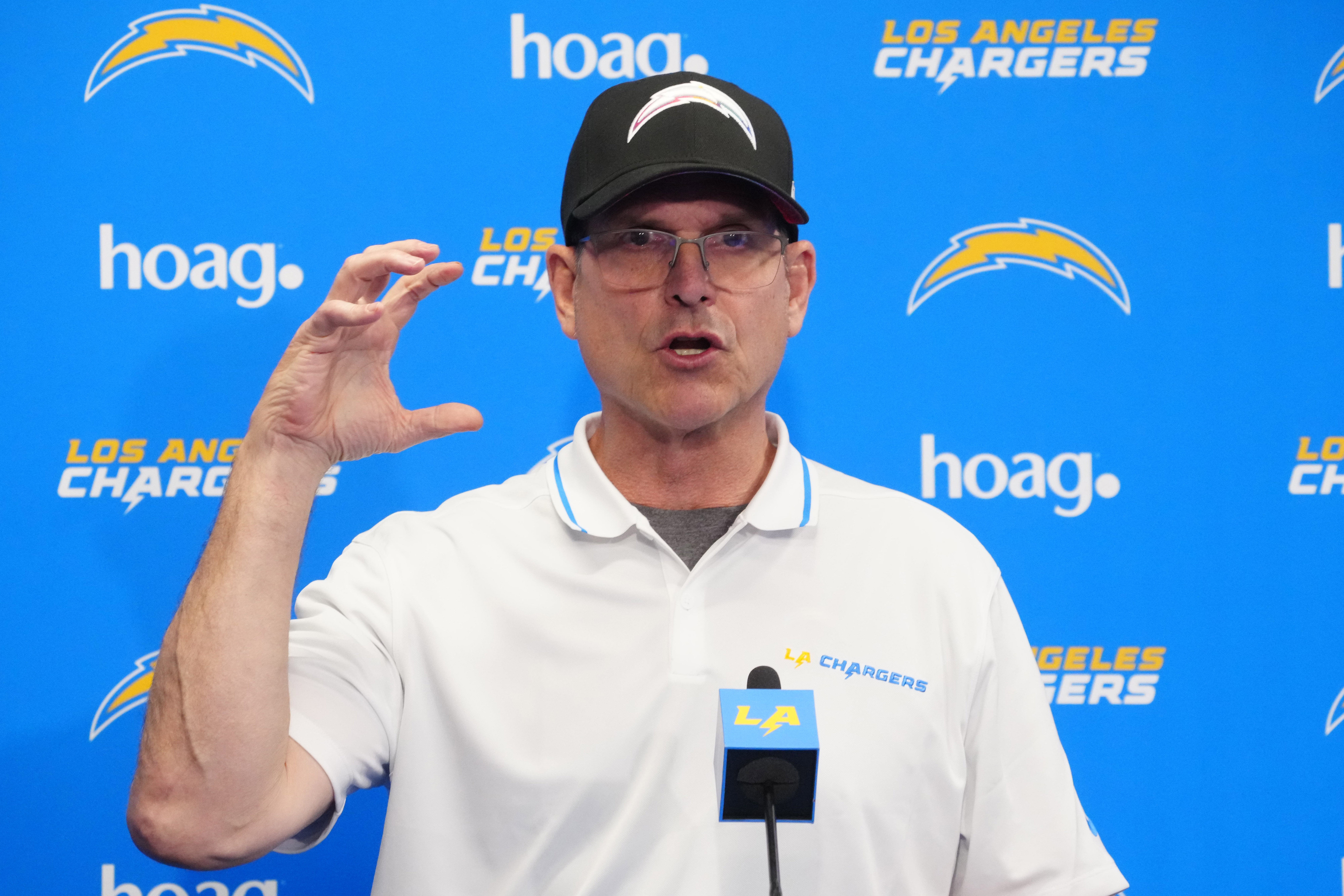 Apr 2, 2024; Costa Mesa, CA, USA; Los Angeles Chargers coach Jim Harbaugh speaks at press conference at Hoag Performance Center.