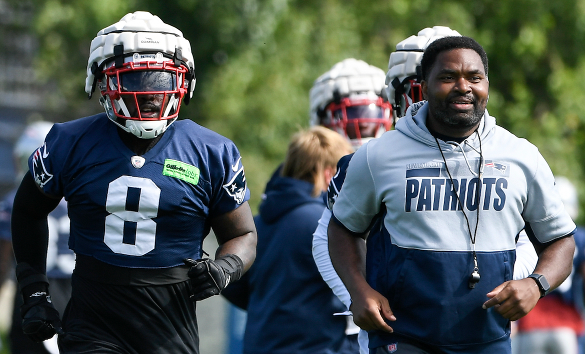 Jul 30, 2022; Foxborough, MA, USA; New England Patriots defensive back Marcus Jones (52), linebacker Ja'Whaun Bentley (8) and linebackers coach Jerod Mayo Sr. (L to R) workout at the Patriots training camp at Gillette Stadium.