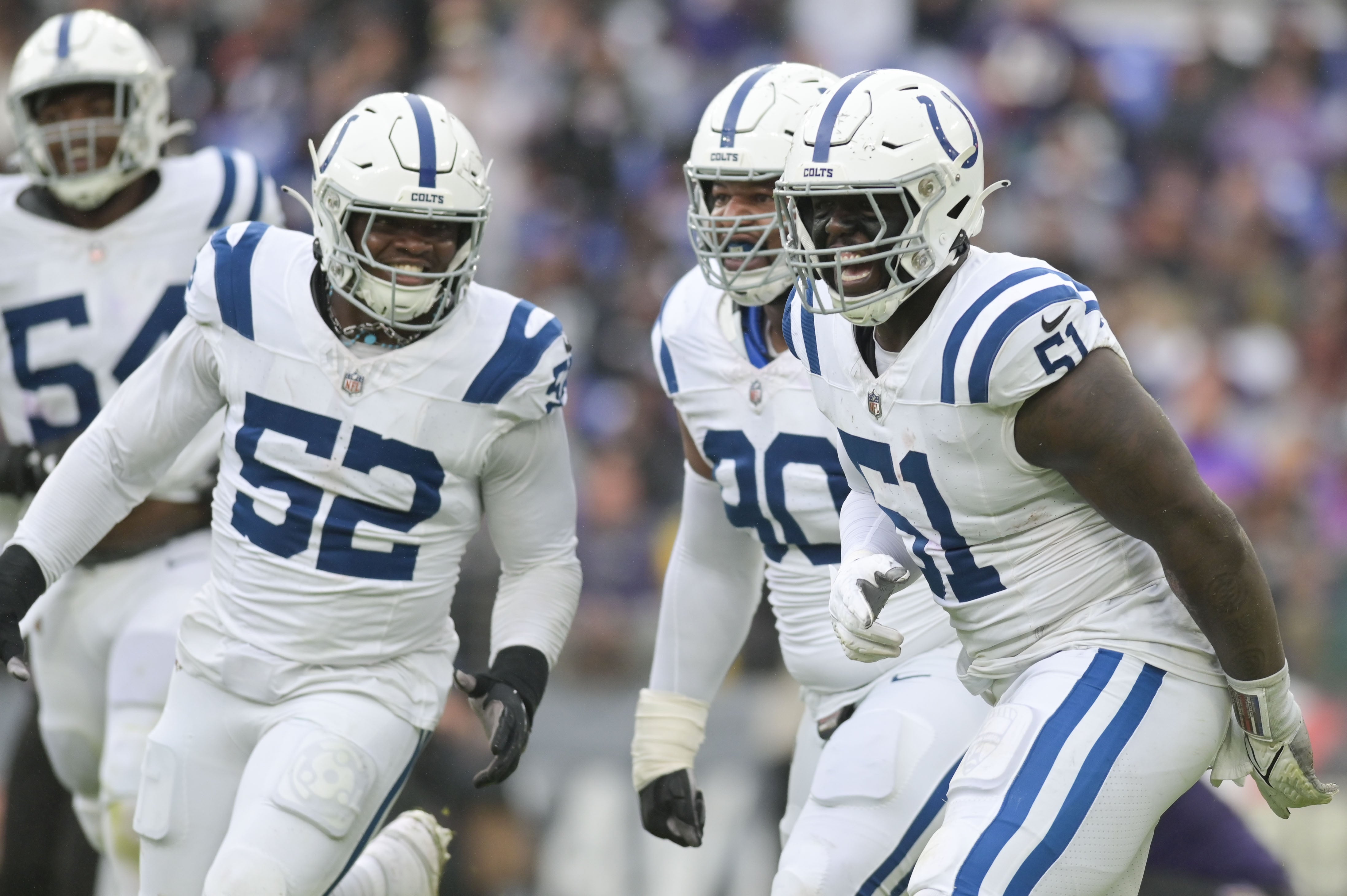 Sep 24, 2023; Baltimore, Maryland, USA; Indianapolis Colts defensive end Kwity Paye (51) reacts after sacking Baltimore Ravens quarterback Lamar Jackson (8) during the first half at M&T Bank Stadium.