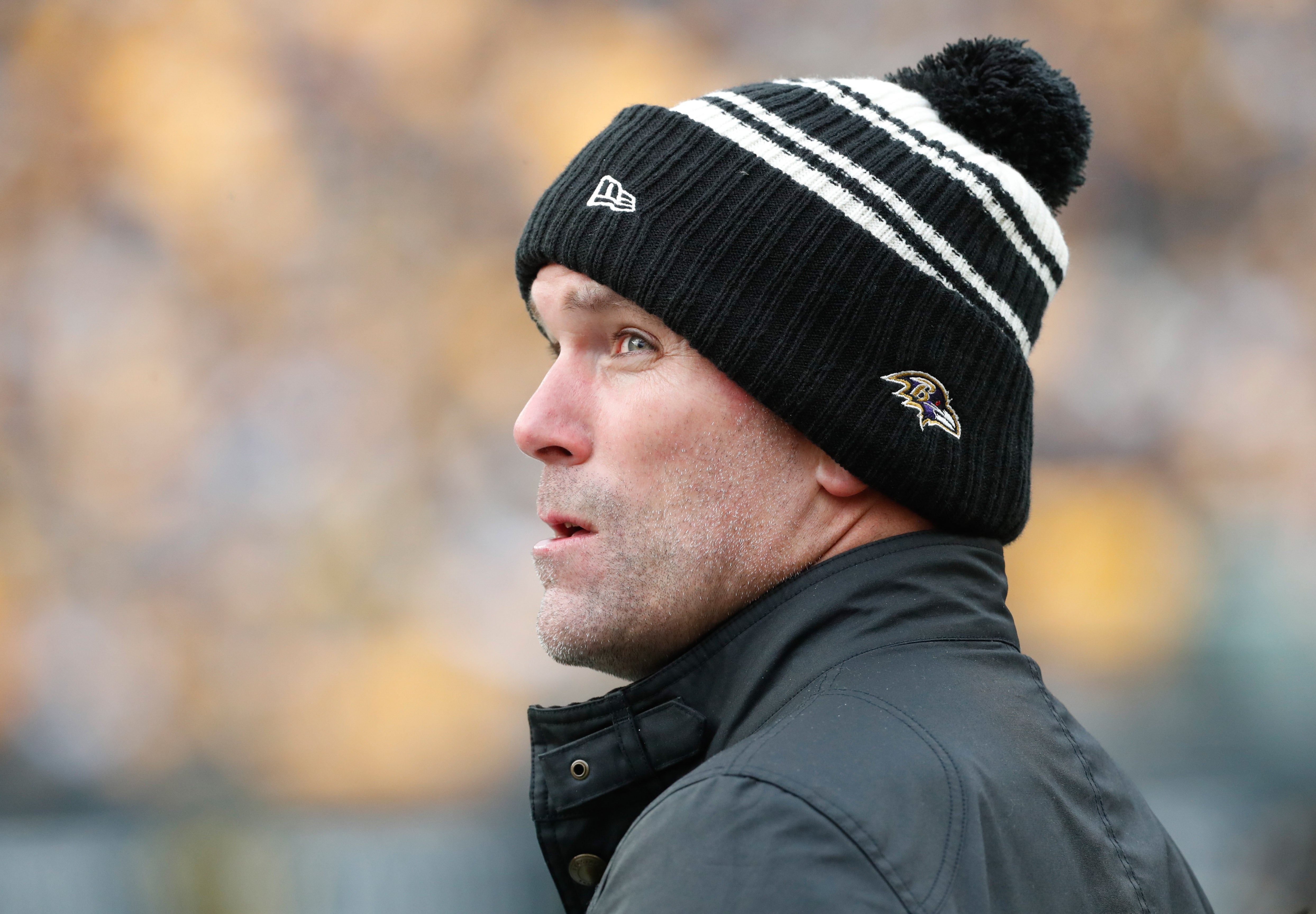 Dec 11, 2022; Pittsburgh, Pennsylvania, USA; Baltimore Ravens executive vice president & general manager Eric DeCosta looks on from the sidelines against the Pittsburgh Steelers during the second quarter at Acrisure Stadium.