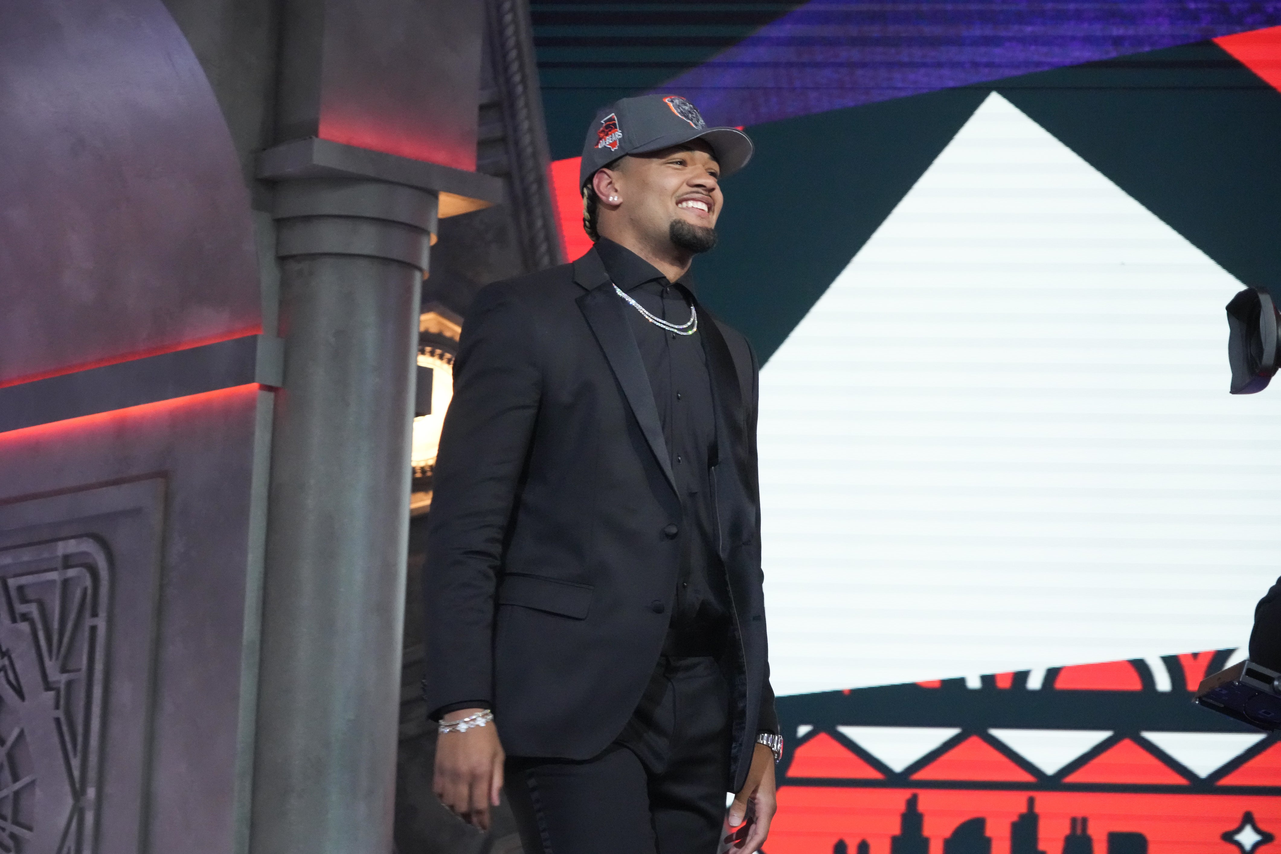 Apr 25, 2024; Detroit, MI, USA; Washington Huskies wide receiver Rome Odunze reacts after being selected by the Chicago Bears as the No. 8 pick in the first round of the 2024 NFL Draft at Campus Martius Park and Hart Plaza.