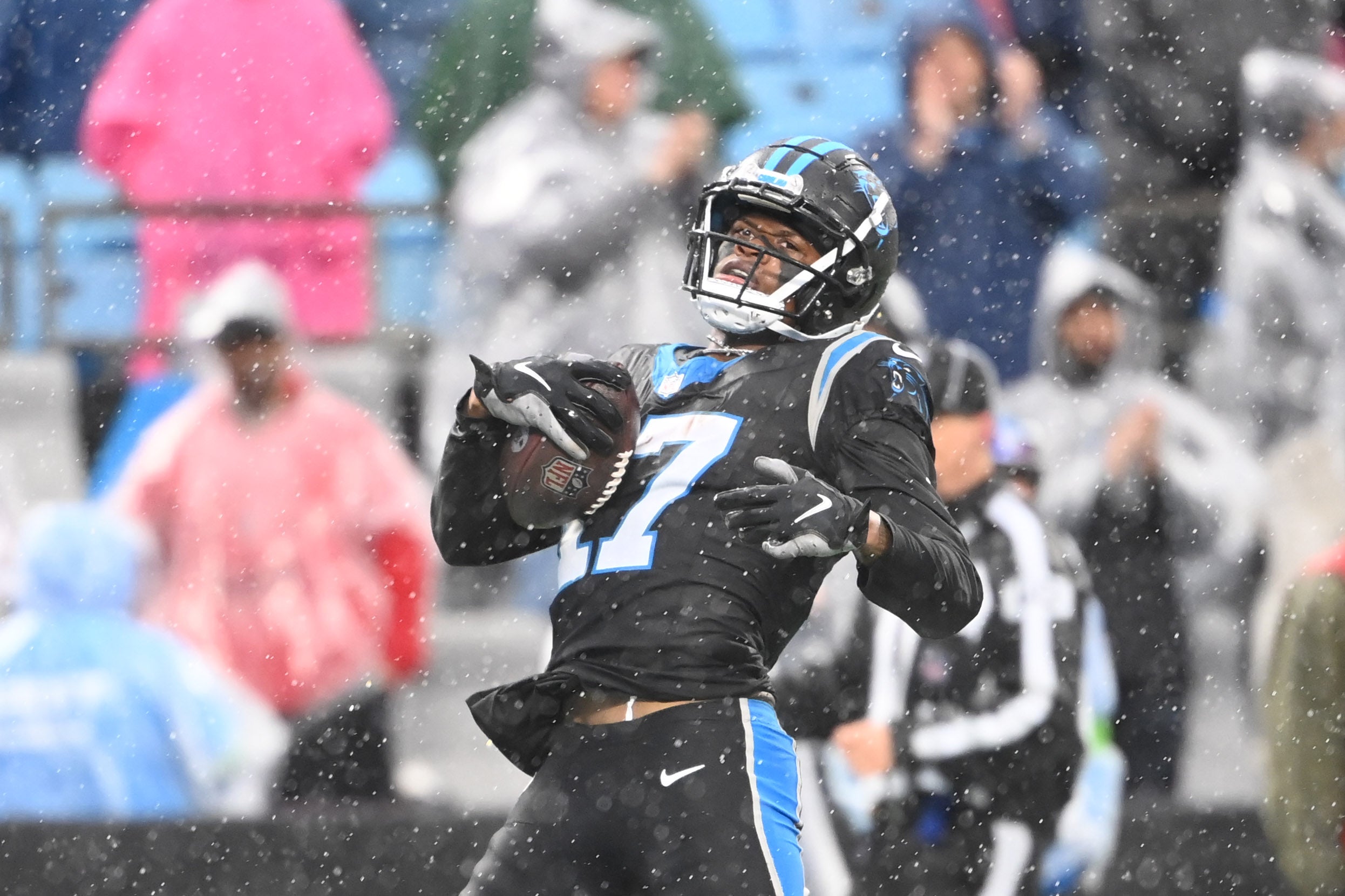 Dec 17, 2023; Charlotte, North Carolina, USA; Carolina Panthers wide receiver DJ Chark Jr. (17) reacts in the third quarter at Bank of America Stadium. Mandatory Credit: Bob Donnan-USA TODAY Sports