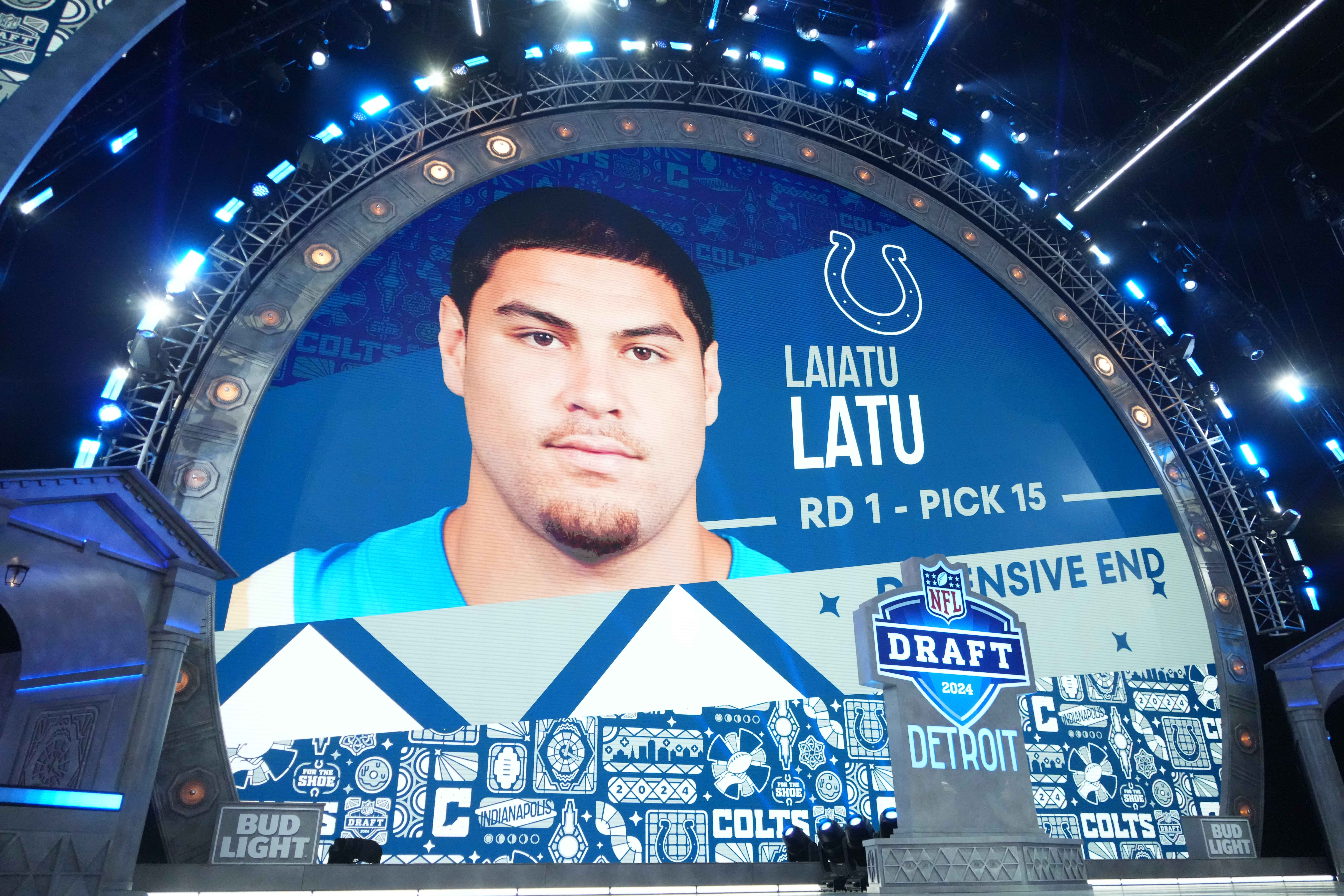 Apr 25, 2024; Detroit, MI, USA; UCLA Bruins defensive end Laiatu Latu is selected as the No 15 pick of the first round by the Indianapolis Colts during the 2024 NFL Draft at Campus Martius Park and Hart Plaza.