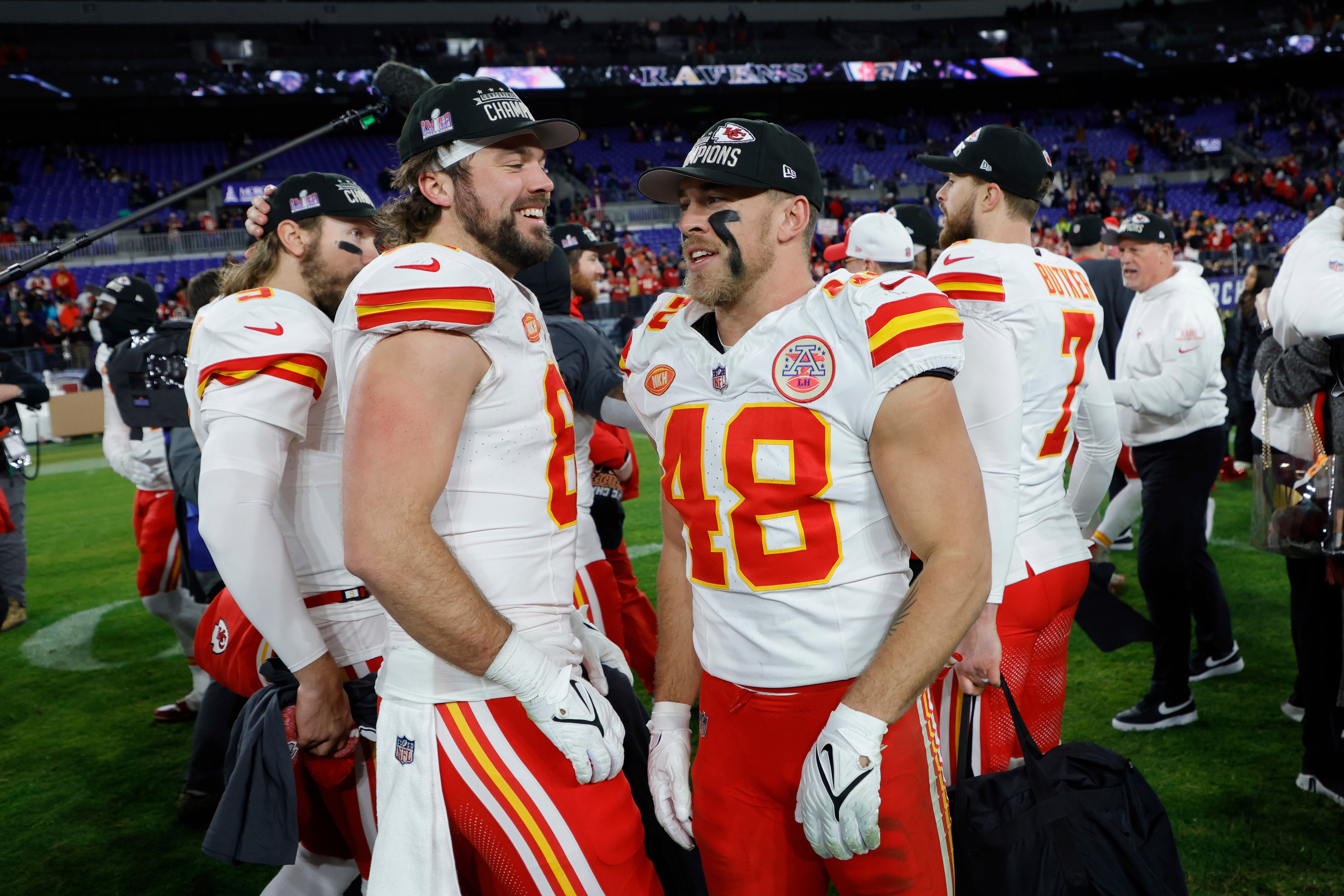 Jan 28, 2024; Baltimore, Maryland, USA; Kansas City Chiefs tight end Blake Bell (81) celebrates with Chiefs linebacker Cole Christiansen (48) on the field after their game against the Baltimore Ravens in the AFC Championship football game at M&T Bank Stadium.