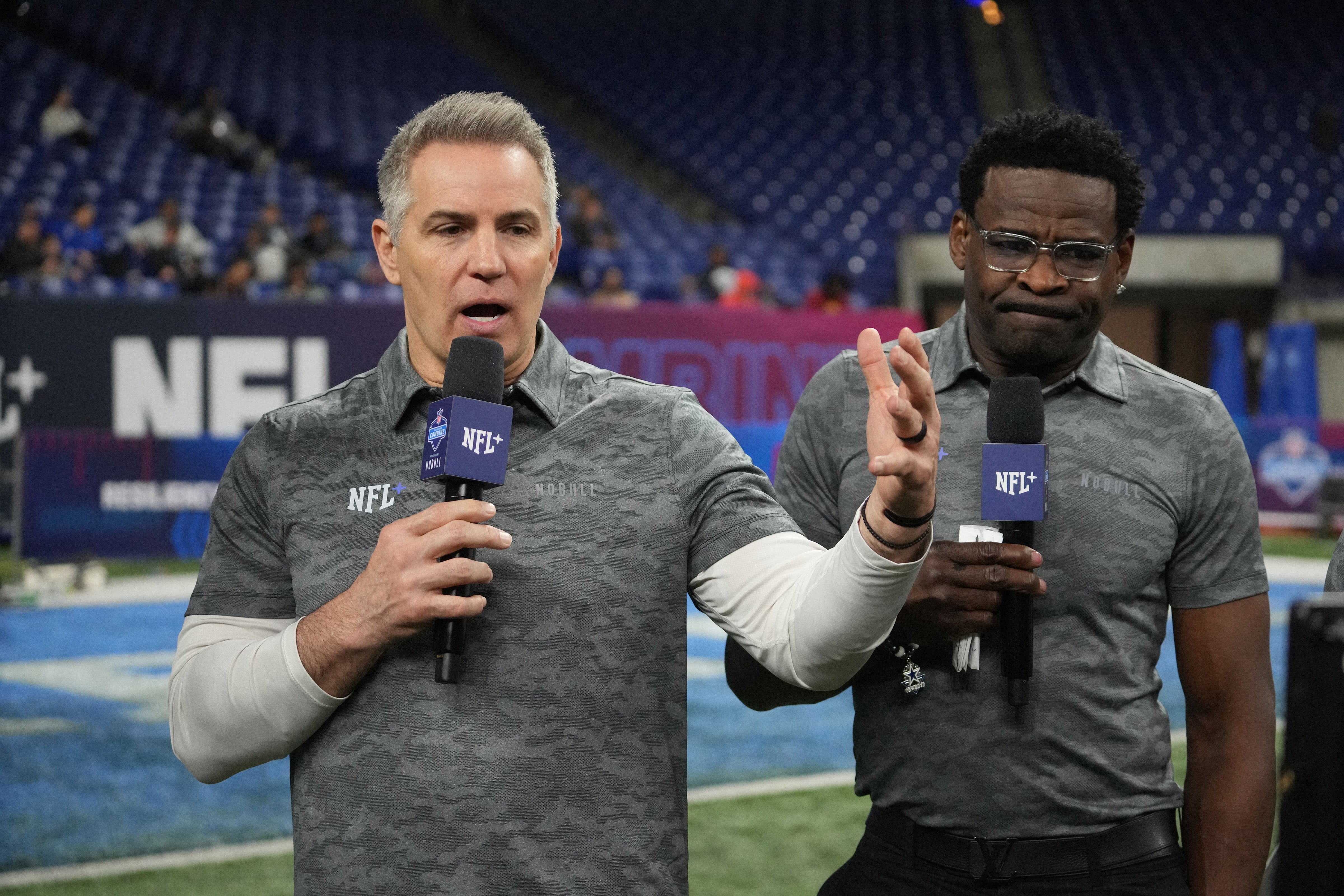 NFL Hall of Fame players and NFL Network commentators Curt Warner and Michael Irvin during the 2024 NFL Combine at Lucas Oil Stadium.