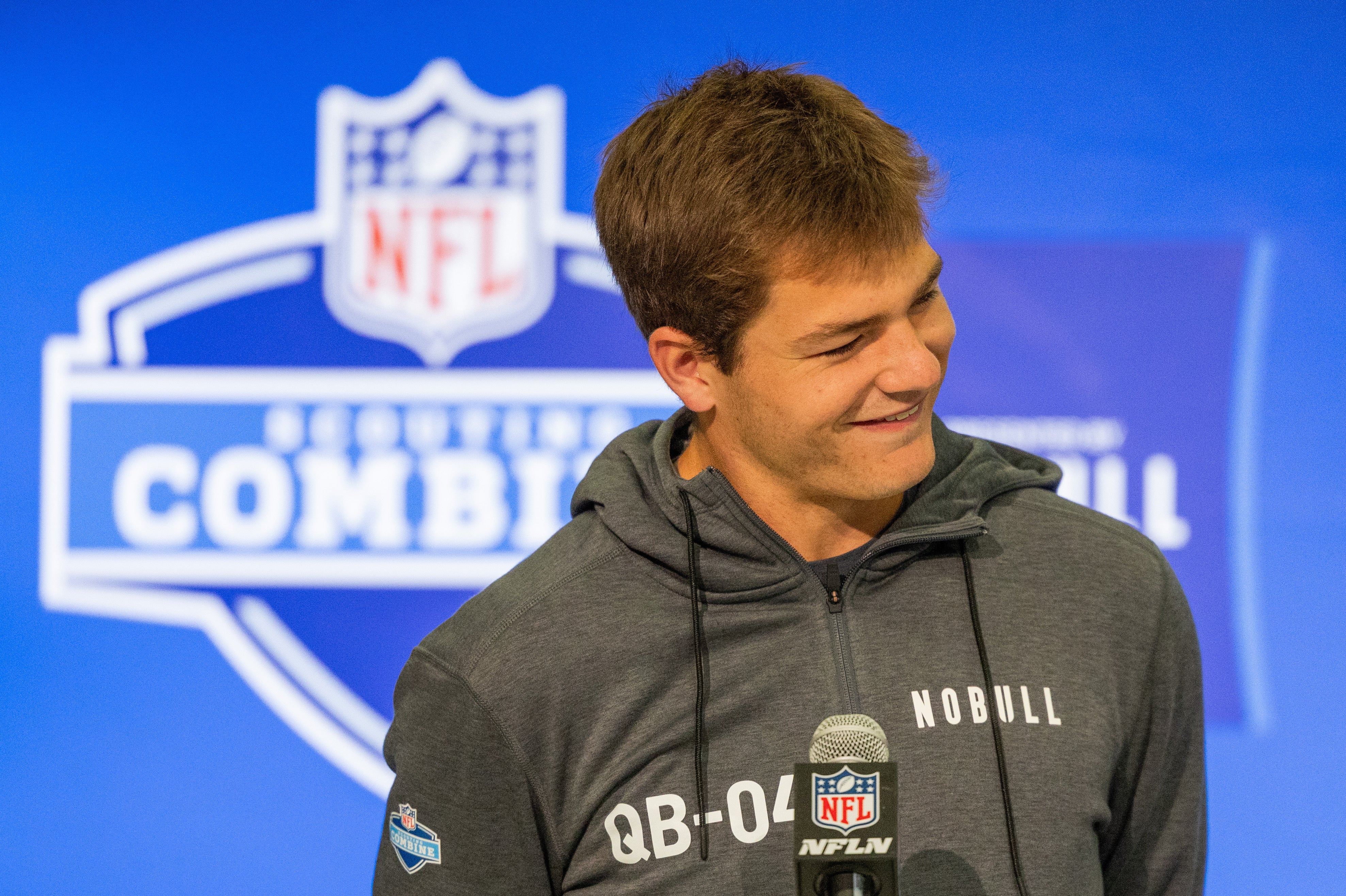 Mar 1, 2024; Indianapolis, IN, USA; North Carolina quarterback Drake Maye (QB04) talks to the media during the 2024 NFL Combine at Lucas Oil Stadium.