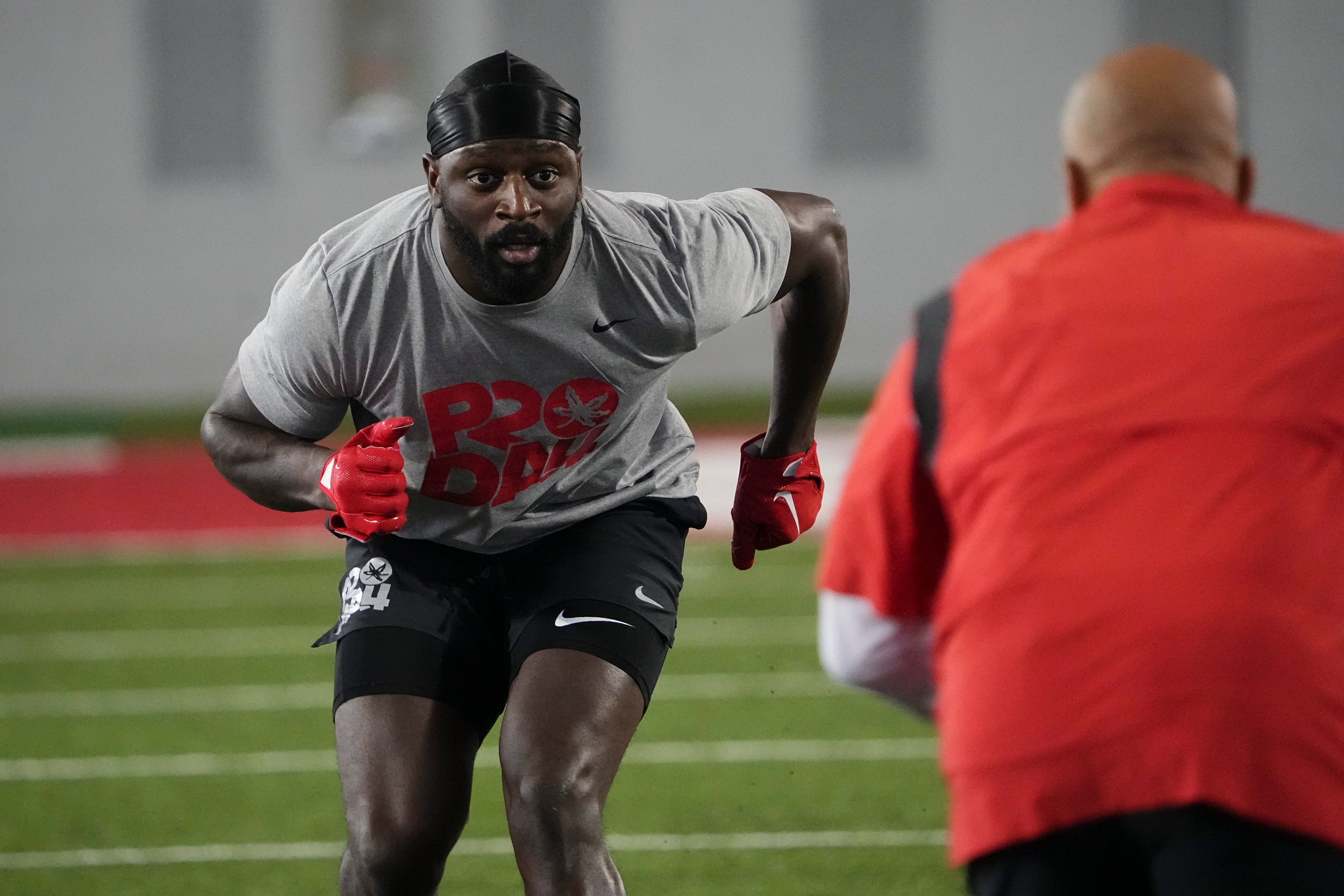 Mar 20, 2024; Columbus, Ohio, USA; Youngstown State defensive back Marcus Hooker works out for NFL scouts during Pro Day at Ohio State’s Woody Hayes Athletic Center.