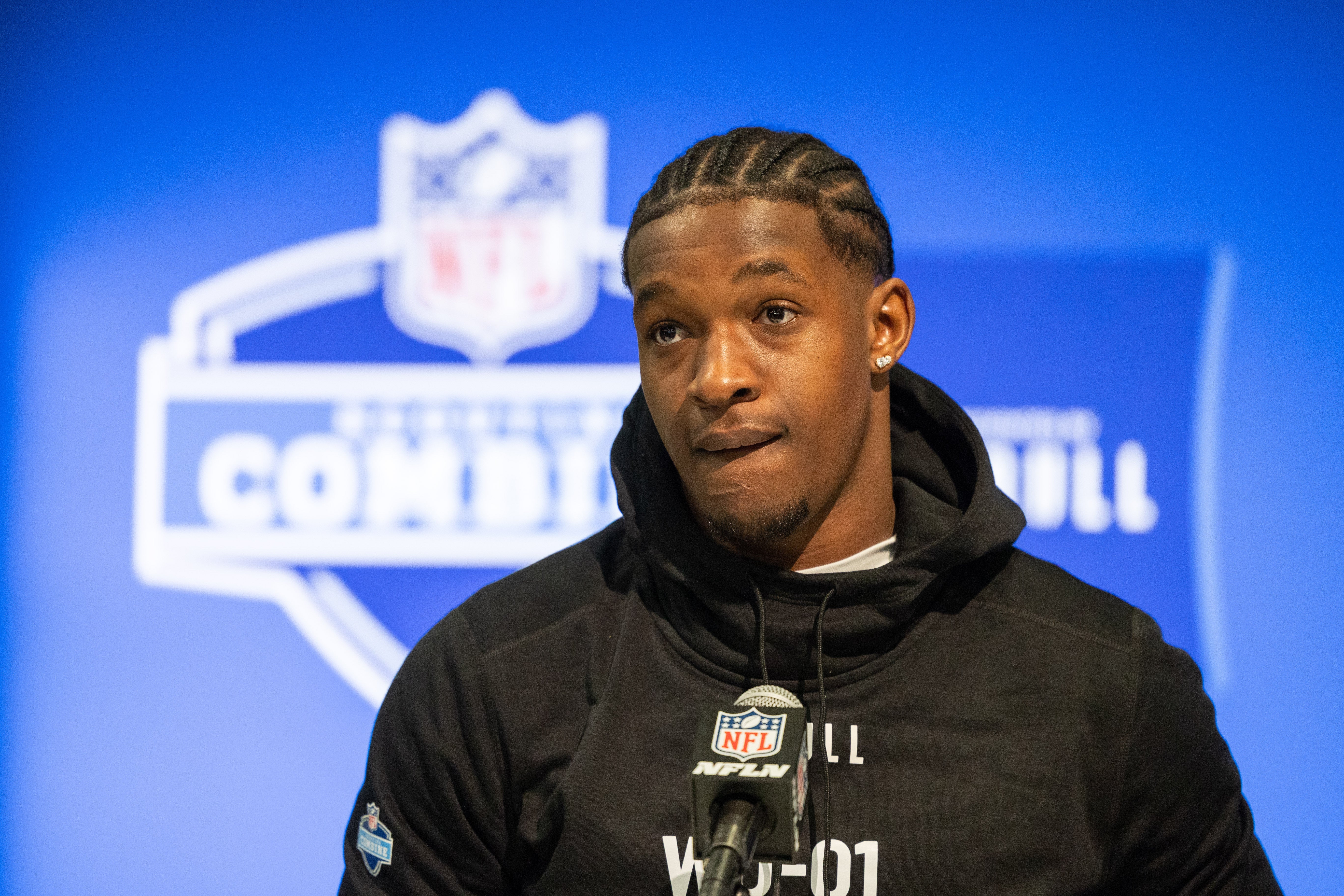 Mar 1, 2024; Indianapolis, IN, USA; Central Florida wide receiver Javon Baker (WO01)talks to the media during the 2024 NFL Combine at Lucas Oil Stadium. Mandatory Credit: Trevor Ruszkowski-USA TODAY Sports