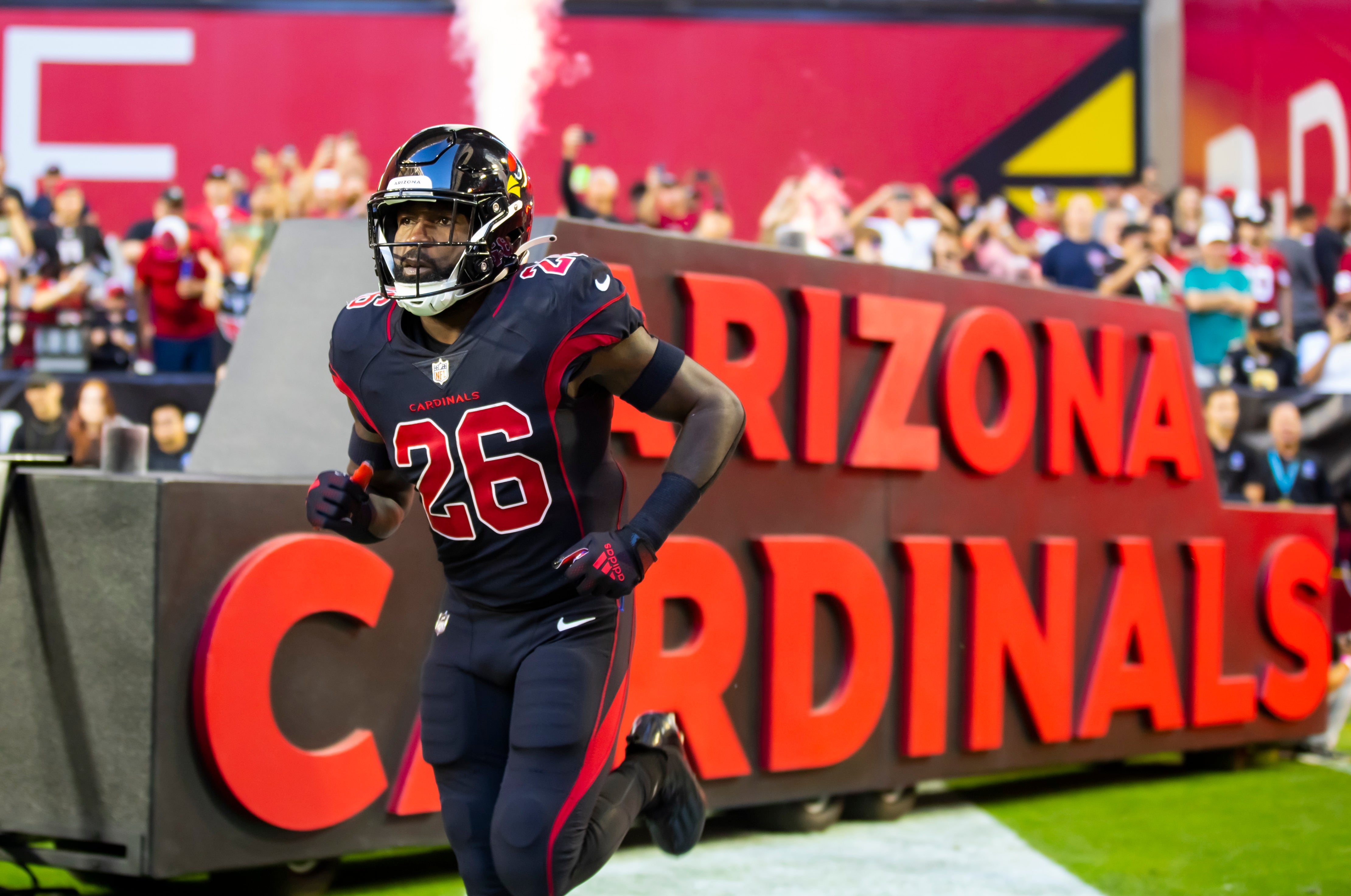 Oct 20, 2022; Glendale, Arizona, USA; Arizona Cardinals running back Eno Benjamin (26) against the New Orleans Saints at State Farm Stadium.