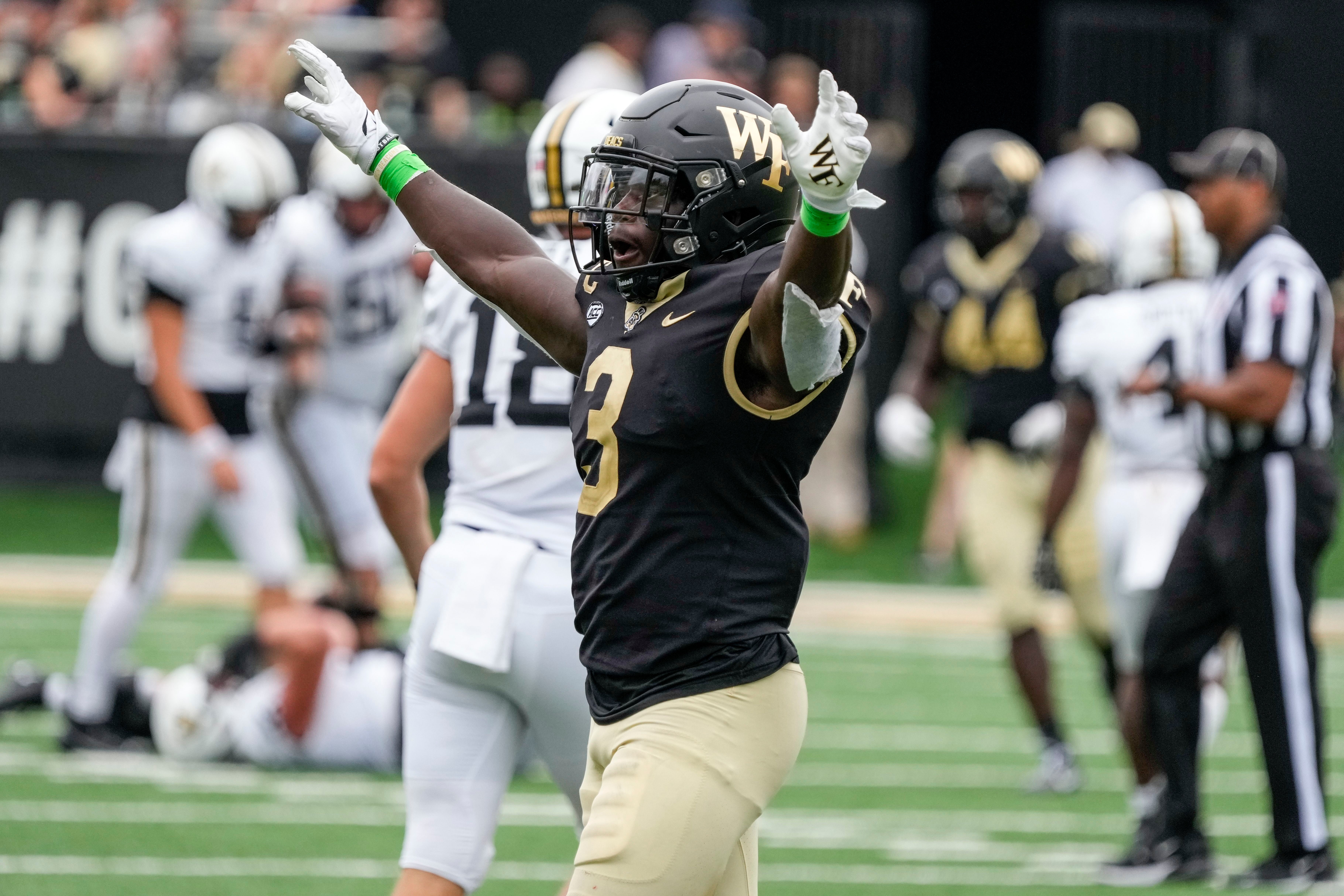 Sep 9, 2023; Winston-Salem, North Carolina, USA; Wake Forest Demon Deacons defensive back Malik Mustapha (3) celebrates the win over Vanderbilt Commodores during the second half at Allegacy Federal Credit Union Stadium.