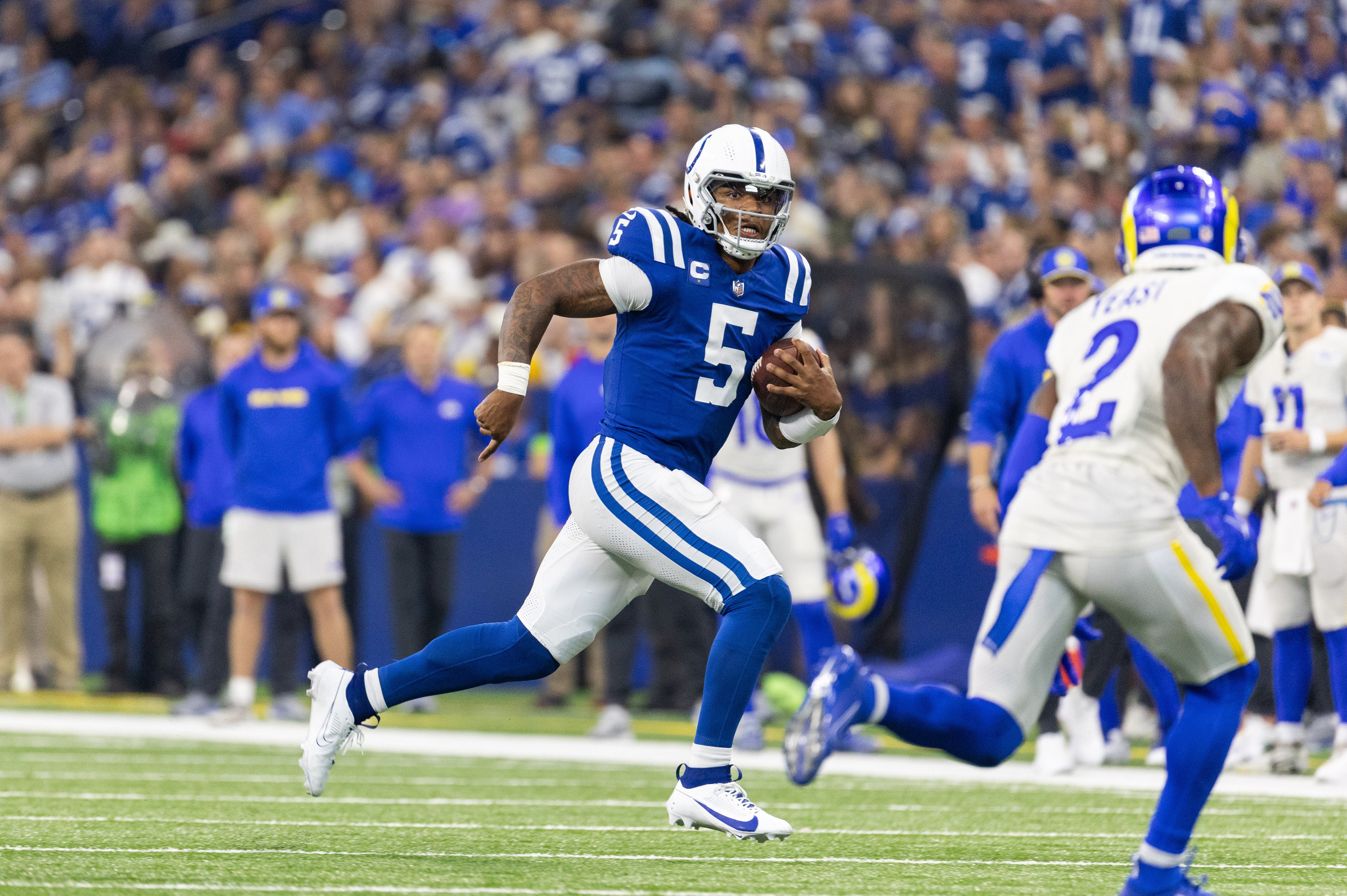 Oct 1, 2023; Indianapolis, Indiana, USA; Indianapolis Colts quarterback Anthony Richardson (5) runs the ball in the second quarter against the Los Angeles Rams at Lucas Oil Stadium.