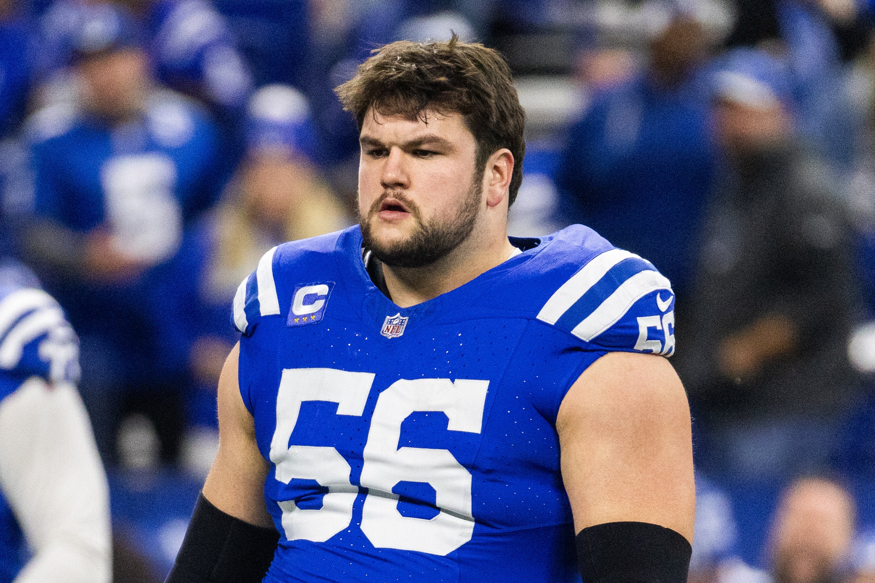 Dec 31, 2023; Indianapolis, Indiana, USA; Indianapolis Colts guard Quenton Nelson (56) during warmups before the game against the Las Vegas Raiders at Lucas Oil Stadium.