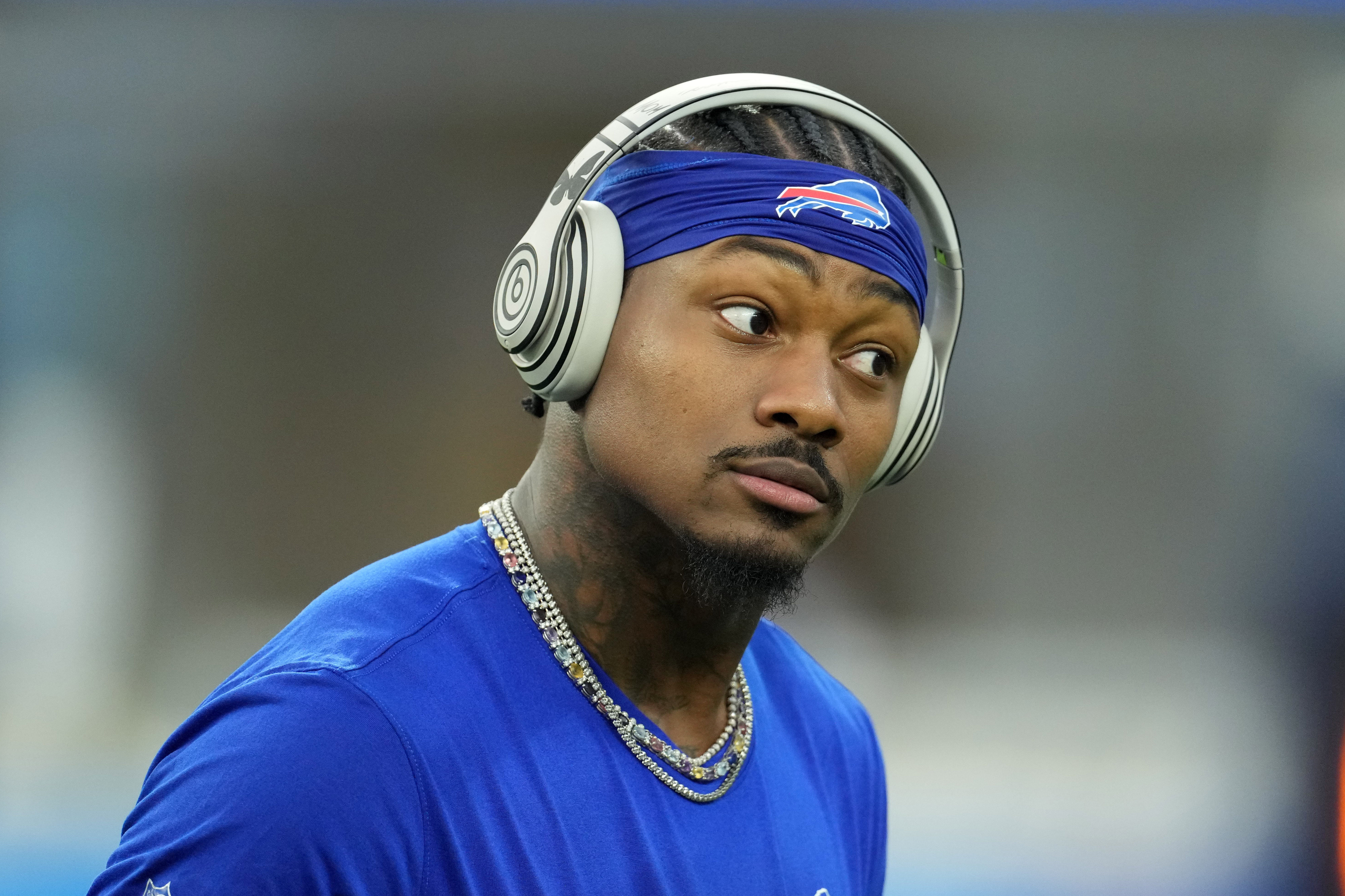 Dec 23, 2023; Inglewood, California, USA; Buffalo Bills wide receiver Stefon Diggs (14) wears Beats by Dre headphones before a game against the Los Angeles Chargers at SoFi Stadium.