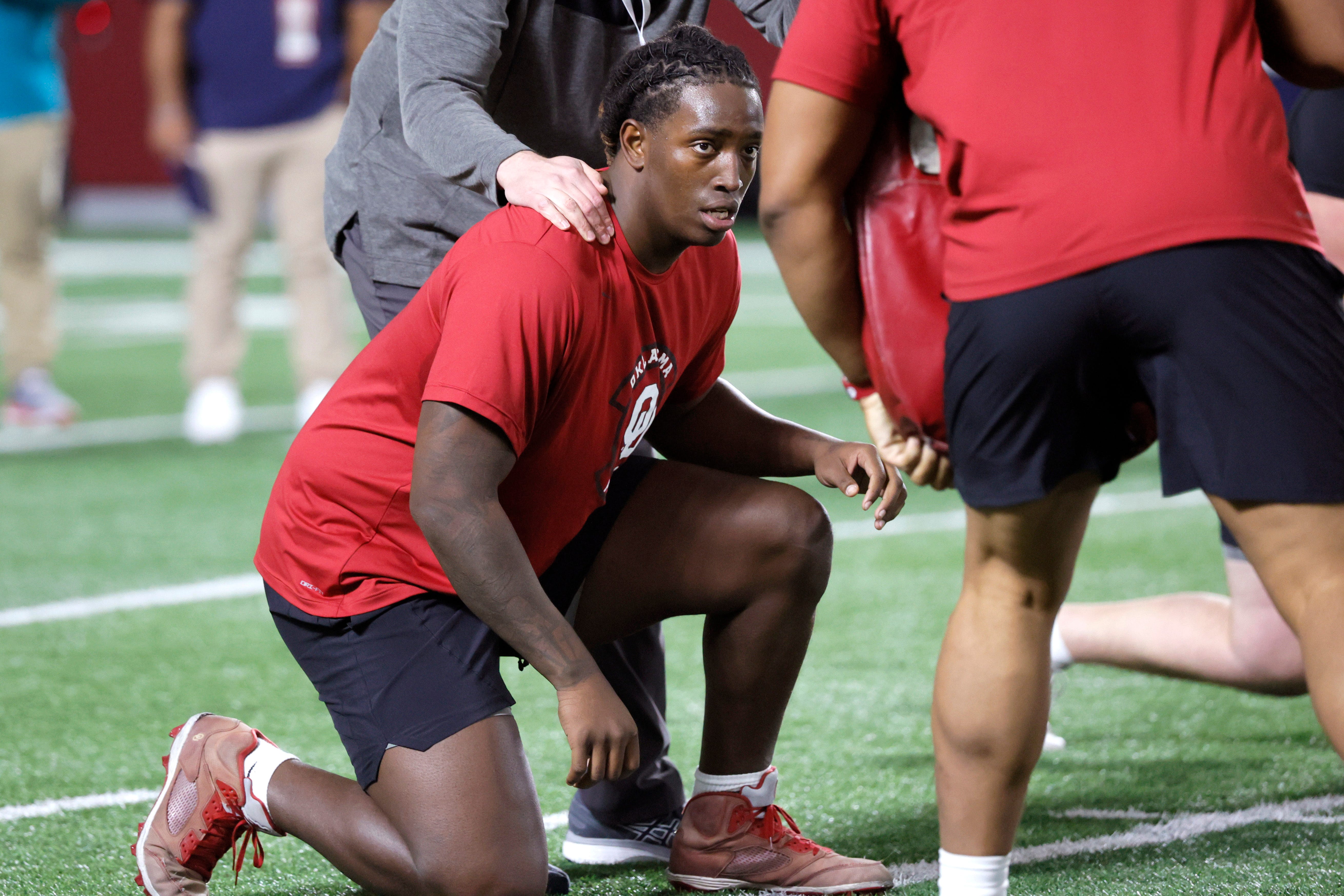 Oklahoma offensive lineman Tyler Guyton runs a drill during the University of Oklahoma (OU) Sooners Pro Day in Norman, Okla., Tuesday, March 12, 2024.