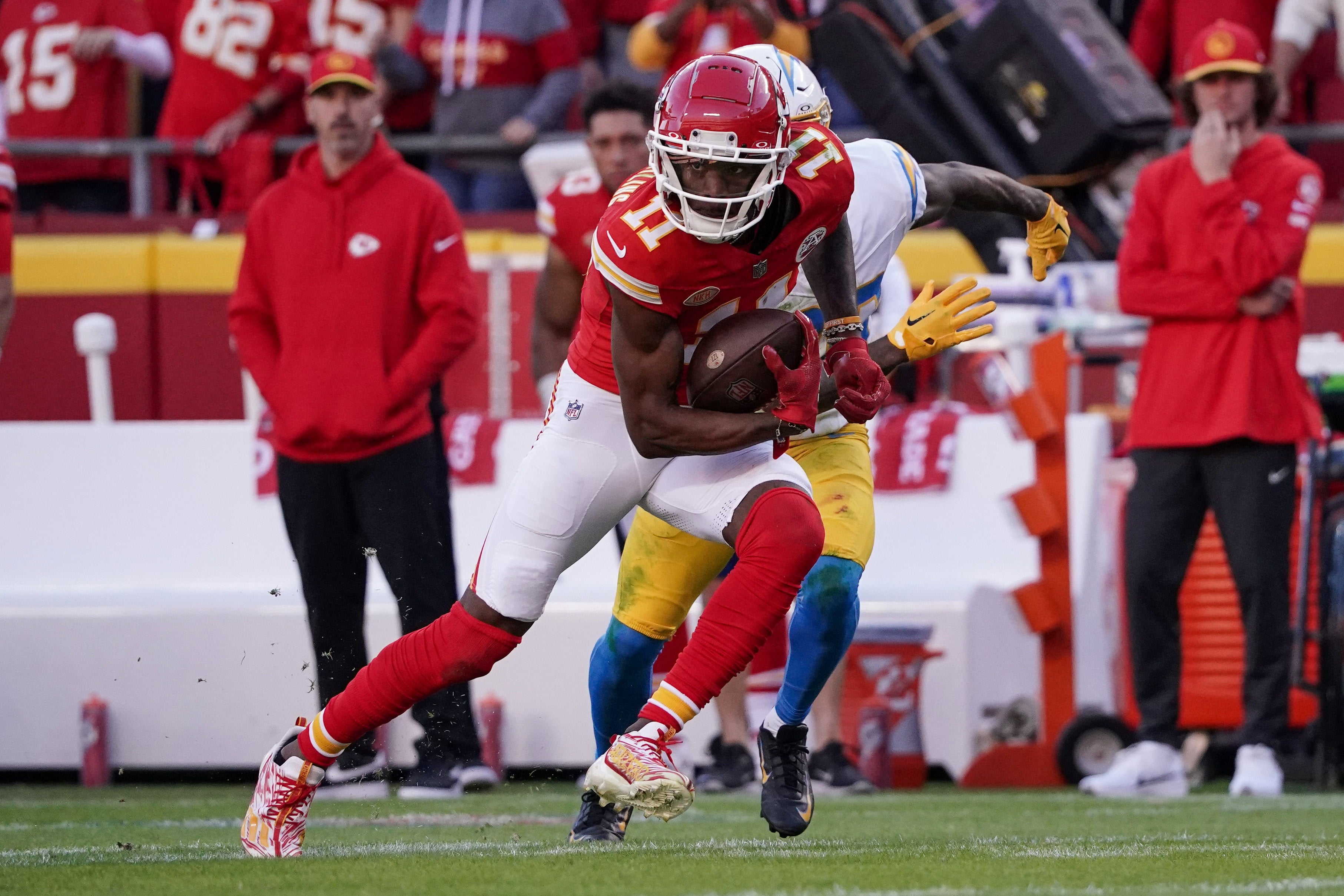 Oct 12, 2023; Kansas City, Missouri, USA; Kansas City Chiefs wide receiver Marquez Valdes-Scantling (11) runs the ball against the Los Angeles Chargers during the game at GEHA Field at Arrowhead Stadium.