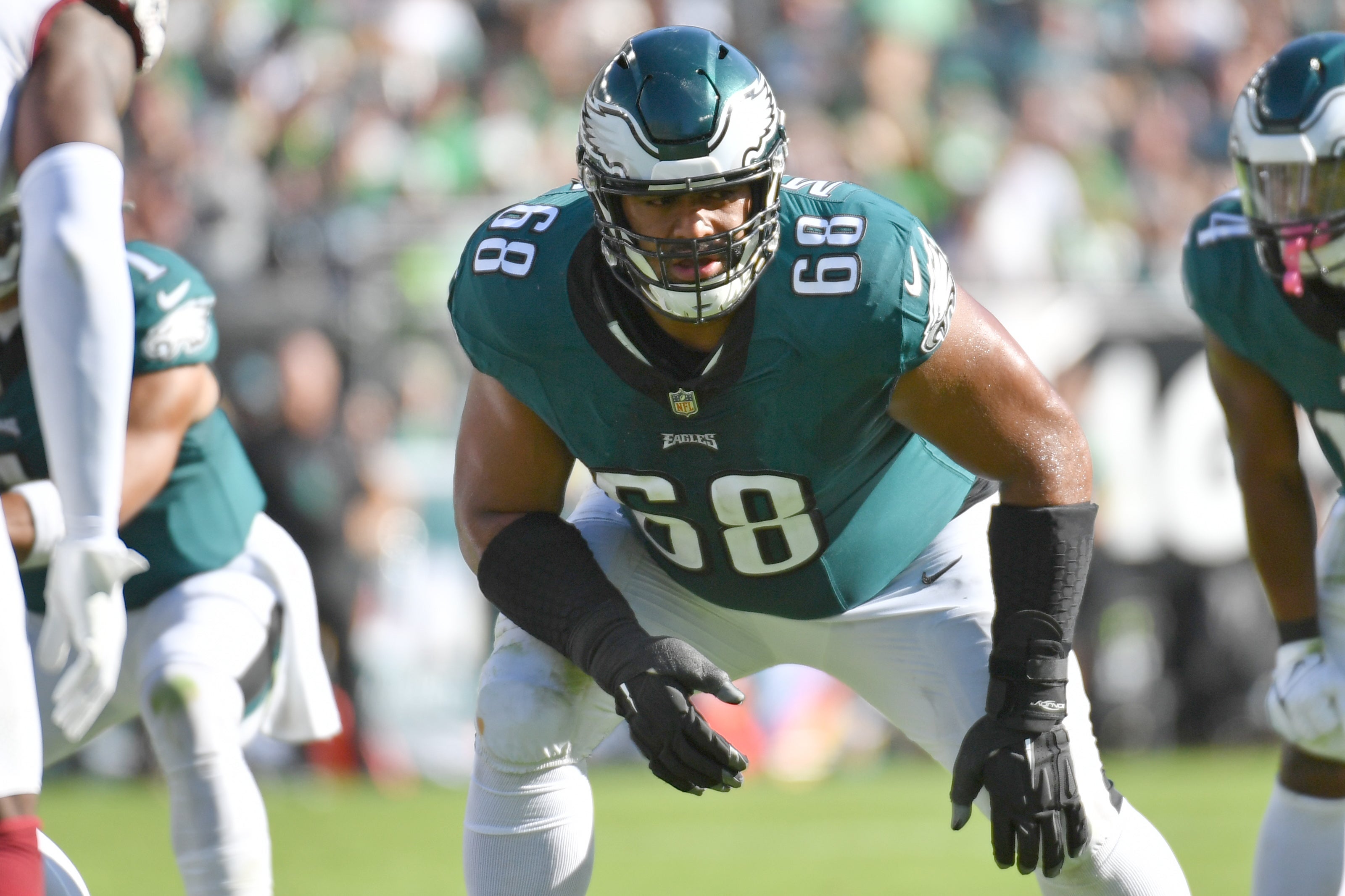 Philadelphia Eagles offensive tackle Jordan Mailata (68) against the Washington Commanders at Lincoln Financial Field.