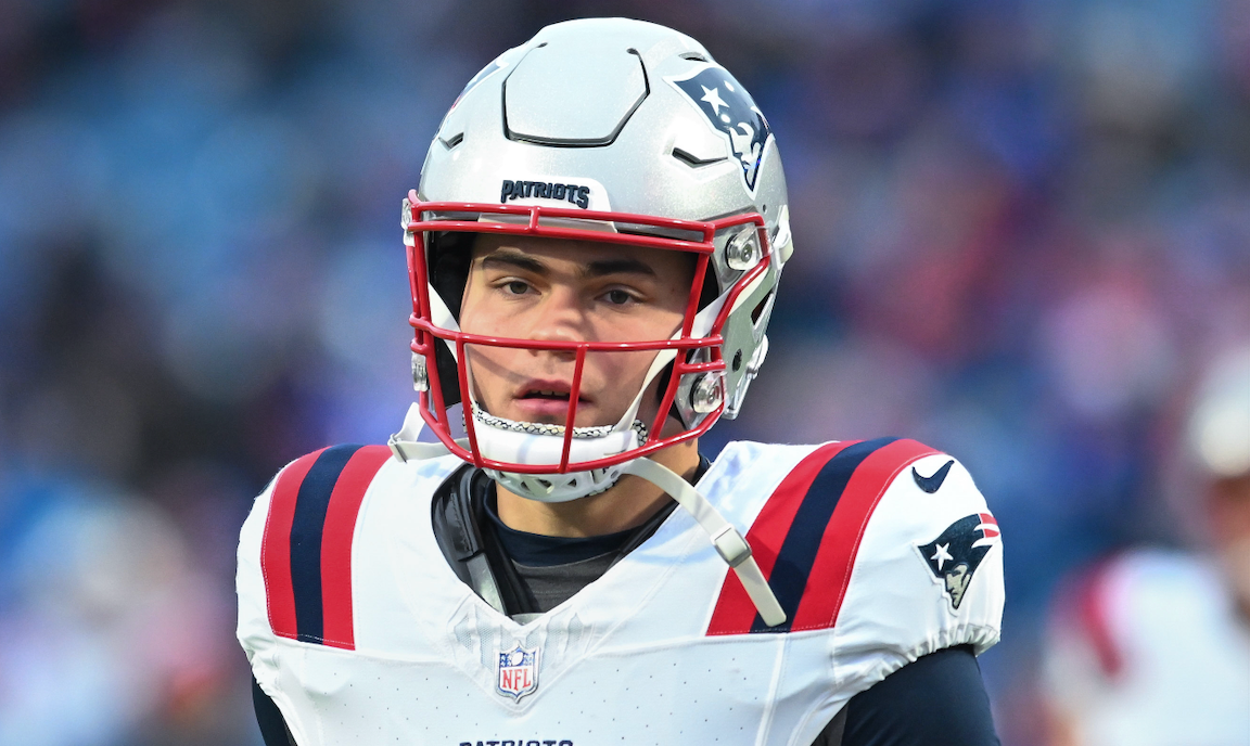 Dec 31, 2023; Orchard Park, New York, USA; New England Patriots quarterback Nathan Rourke (13) enters the field before a game Buffalo Bills at Highmark Stadium.