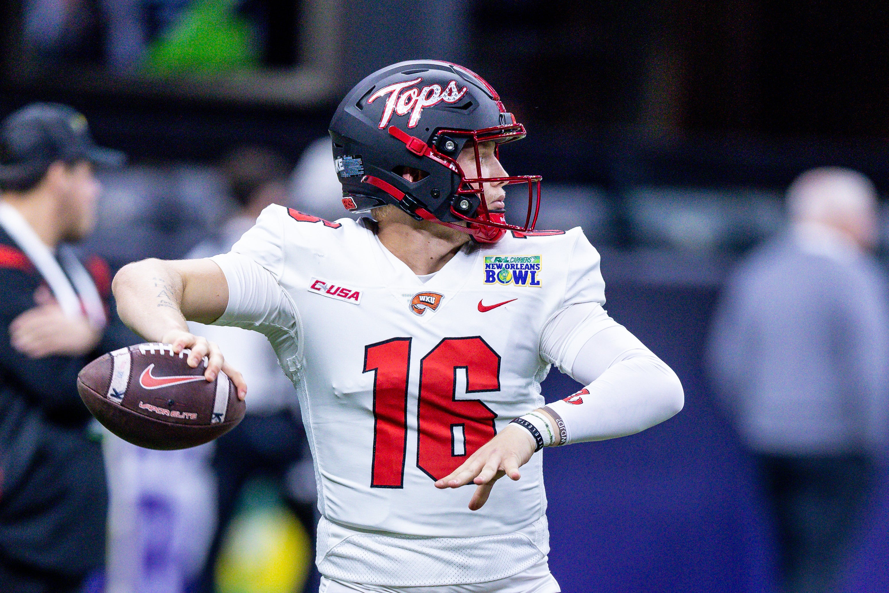 Dec 21, 2022; New Orleans, Louisiana, USA; Western Kentucky Hilltoppers quarterback Austin Reed (16) during warm ups before the game the South Alabama Jaguars at Caesars Superdome.