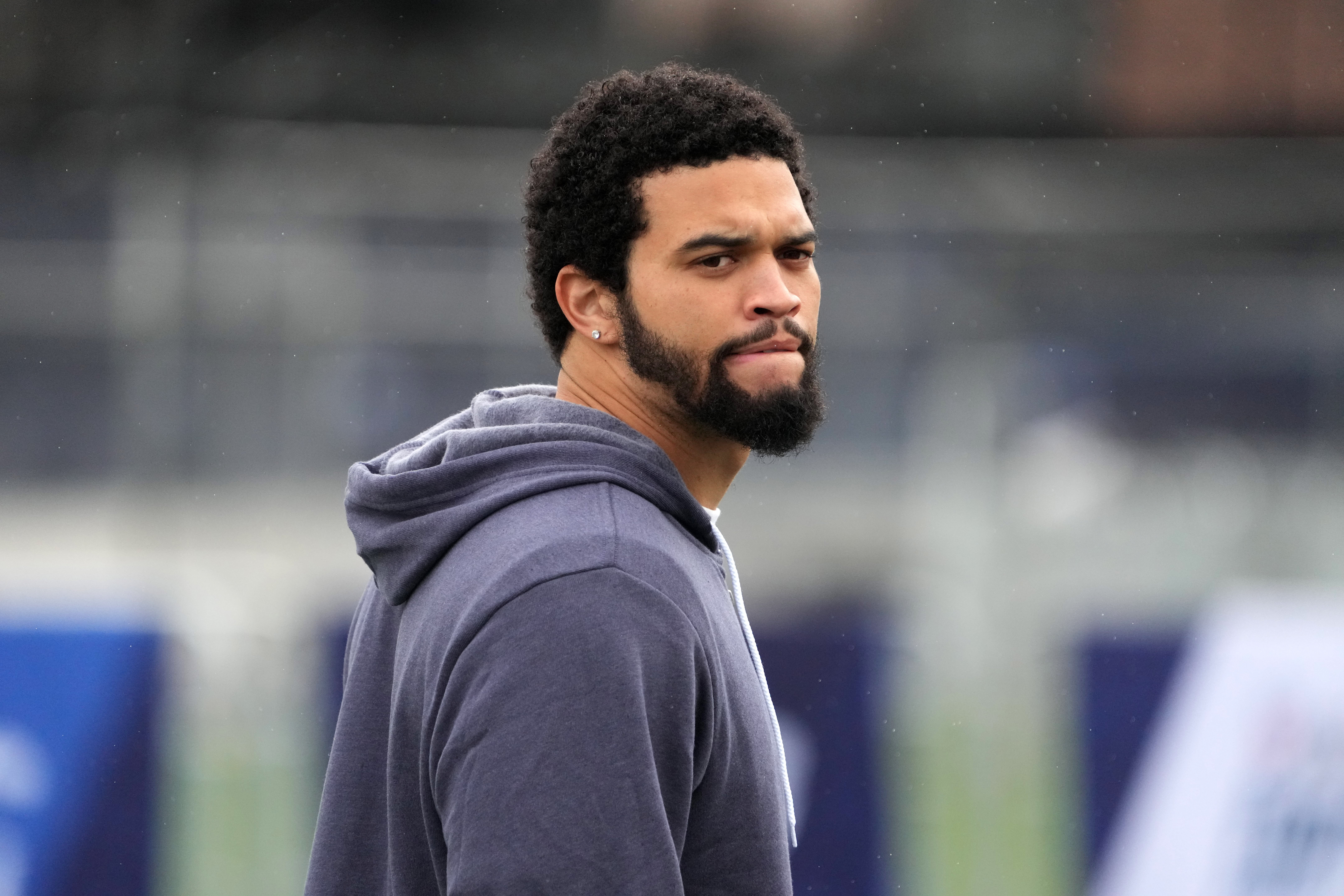 Apr 24, 2024; Detroit, MI, USA; Southern California Trojans quarterback Caleb Williams reacts at the Play Football Prospect Clinic at The Corner Ballpark.