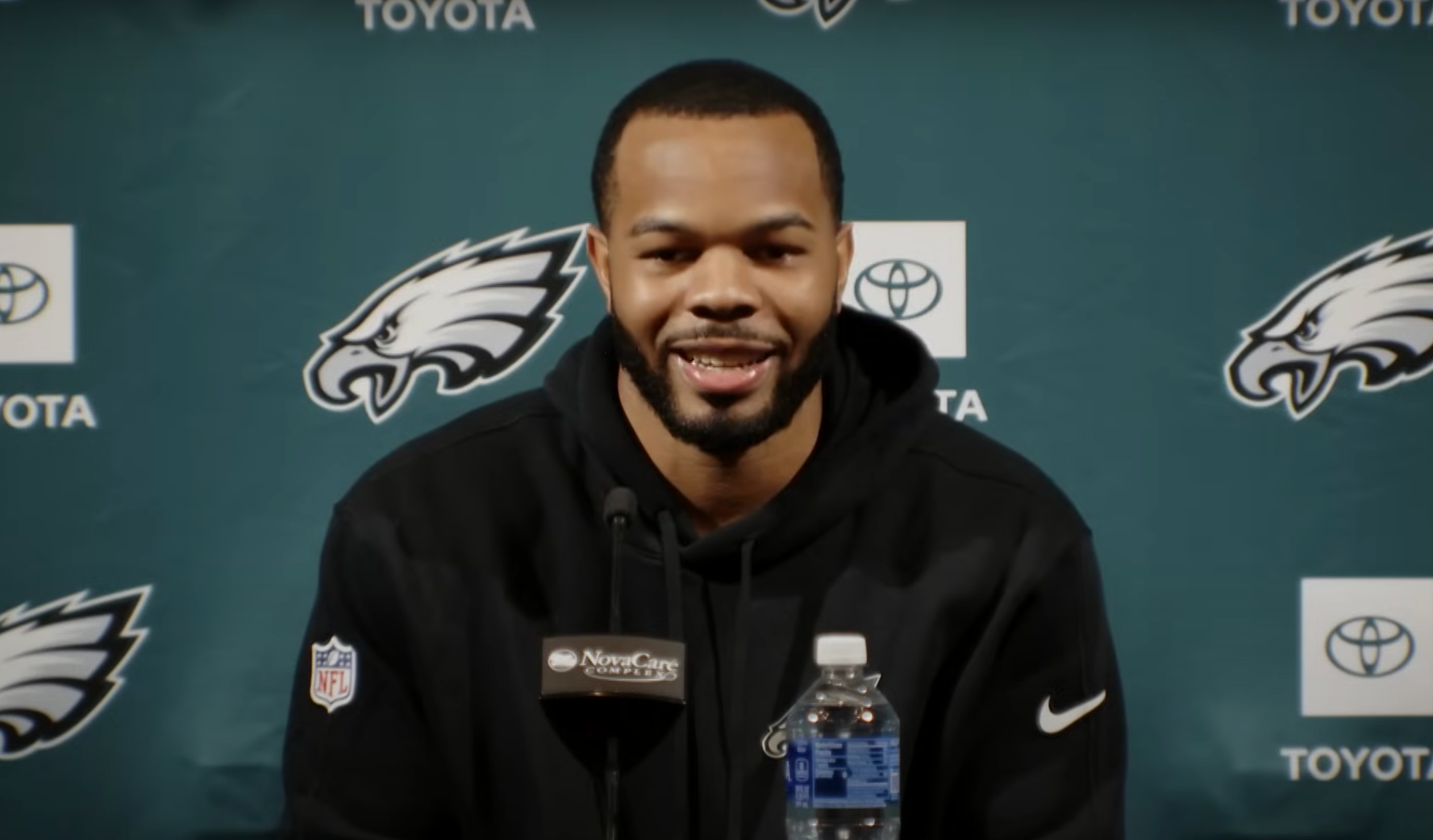 Jeremiah Trotter Jr. talks to reporters during Eagles rookie minicamp