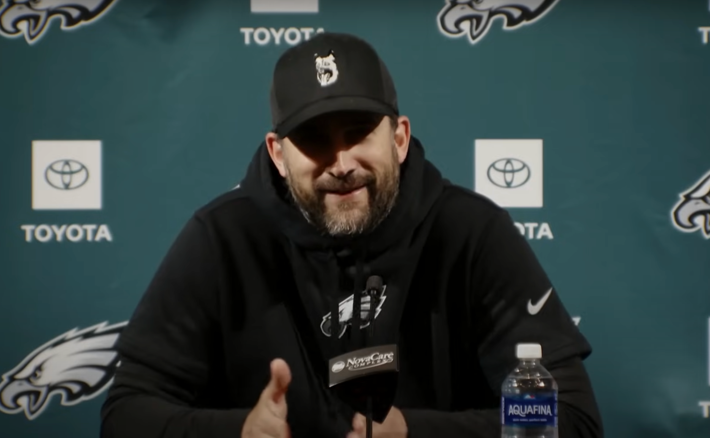 Eagles head coach Nick Sirianni addresses the media during rookie minicamp