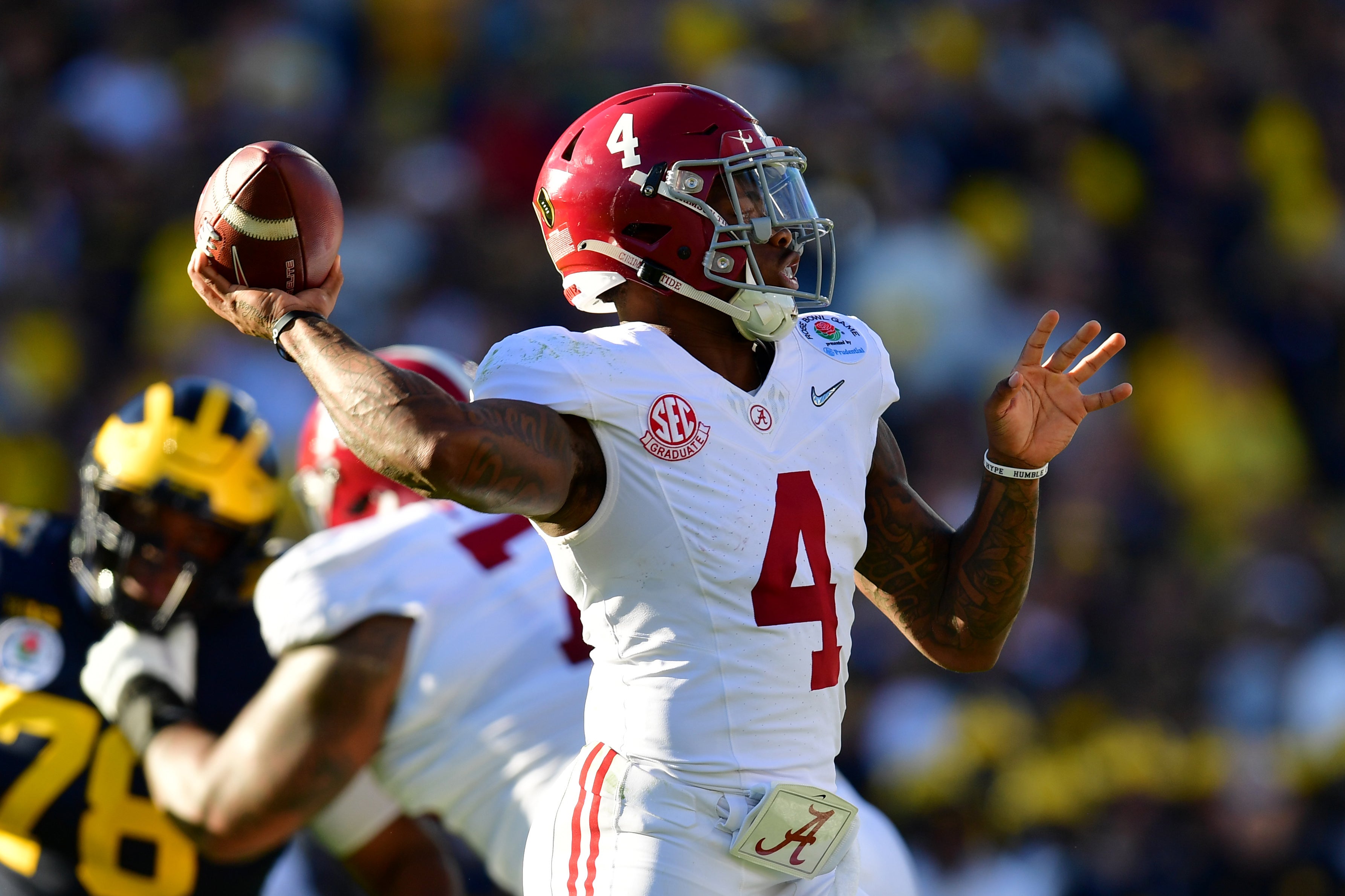 Jan 1, 2024; Pasadena, CA, USA; Alabama Crimson Tide quarterback Jalen Milroe (4) throws a pass in the second quarter against the Michigan Wolverines in the 2024 Rose Bowl college football playoff semifinal game at Rose Bowl.