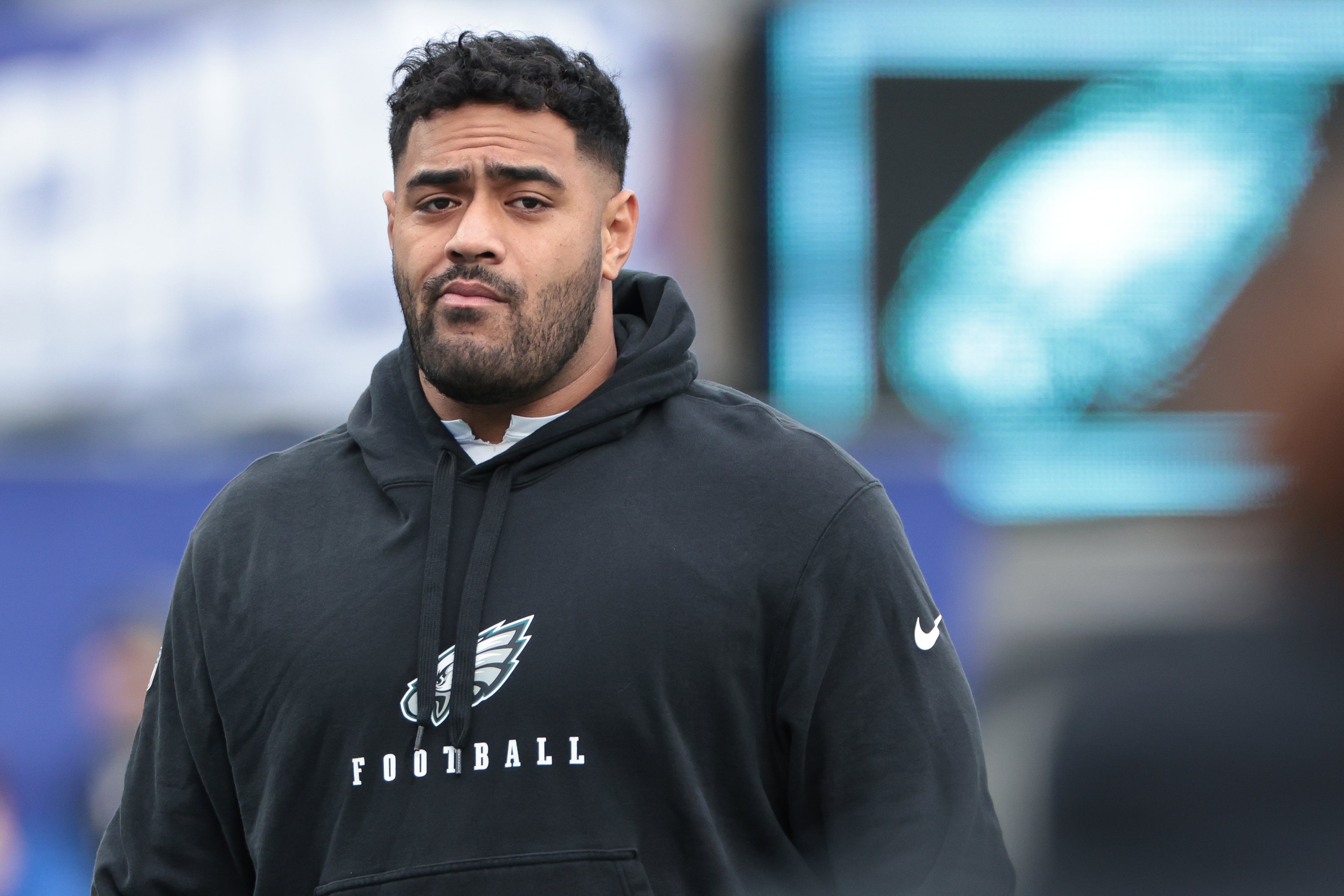 Philadelphia Eagles offensive tackle Jordan Mailata (68) on the field before the game against the New York Giants at MetLife Stadium.