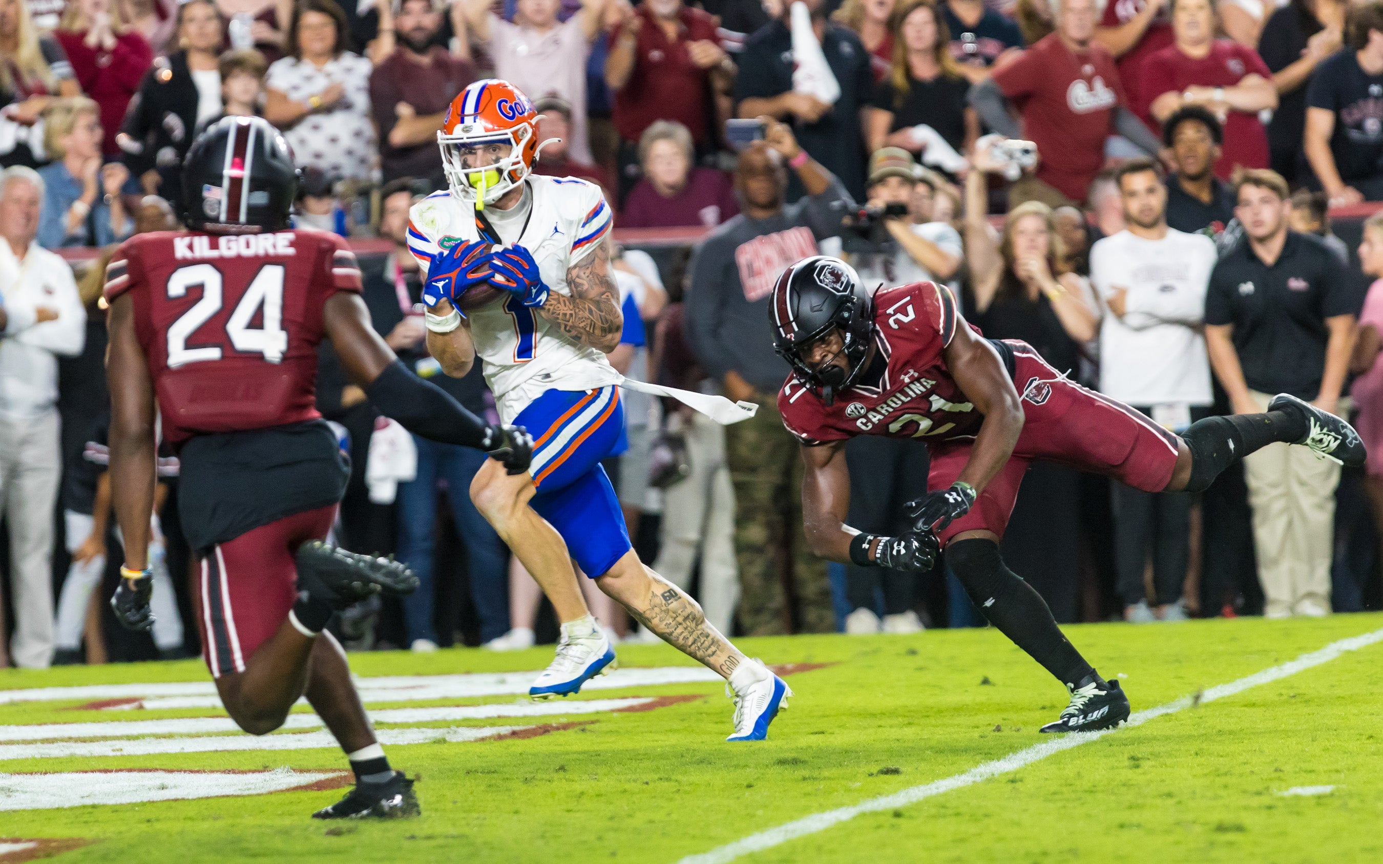 Oct 14, 2023; Columbia, South Carolina, USA; Florida Gators wide receiver Ricky Pearsall (1) makes the game-winning touchdown reception against the South Carolina Gamecocks in the fourth quarter at Williams-Brice Stadium.