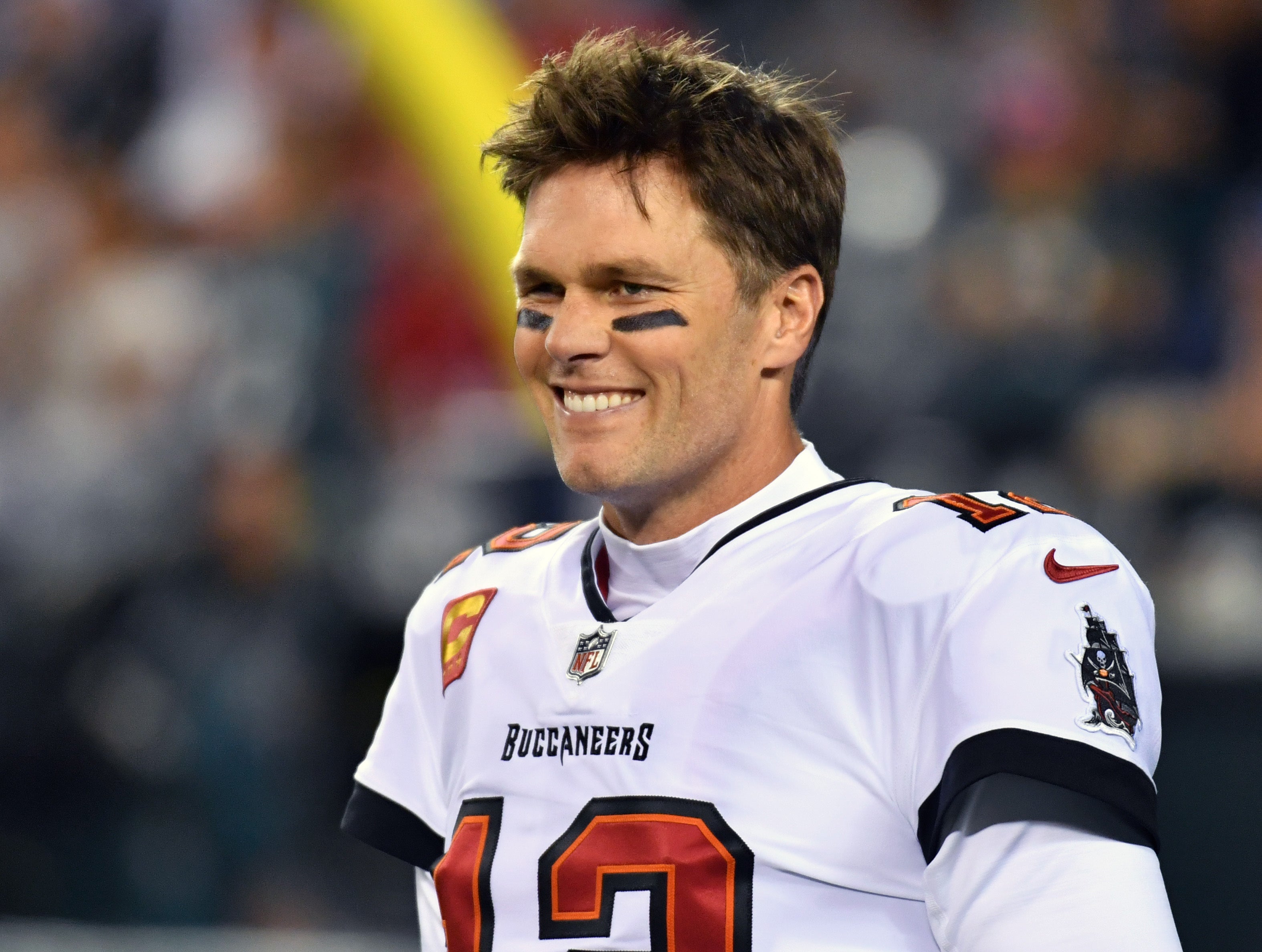 Tampa Bay Buccaneers quarterback Tom Brady (12) during warmups against the Philadelphia Eagles at Lincoln Financial Field.