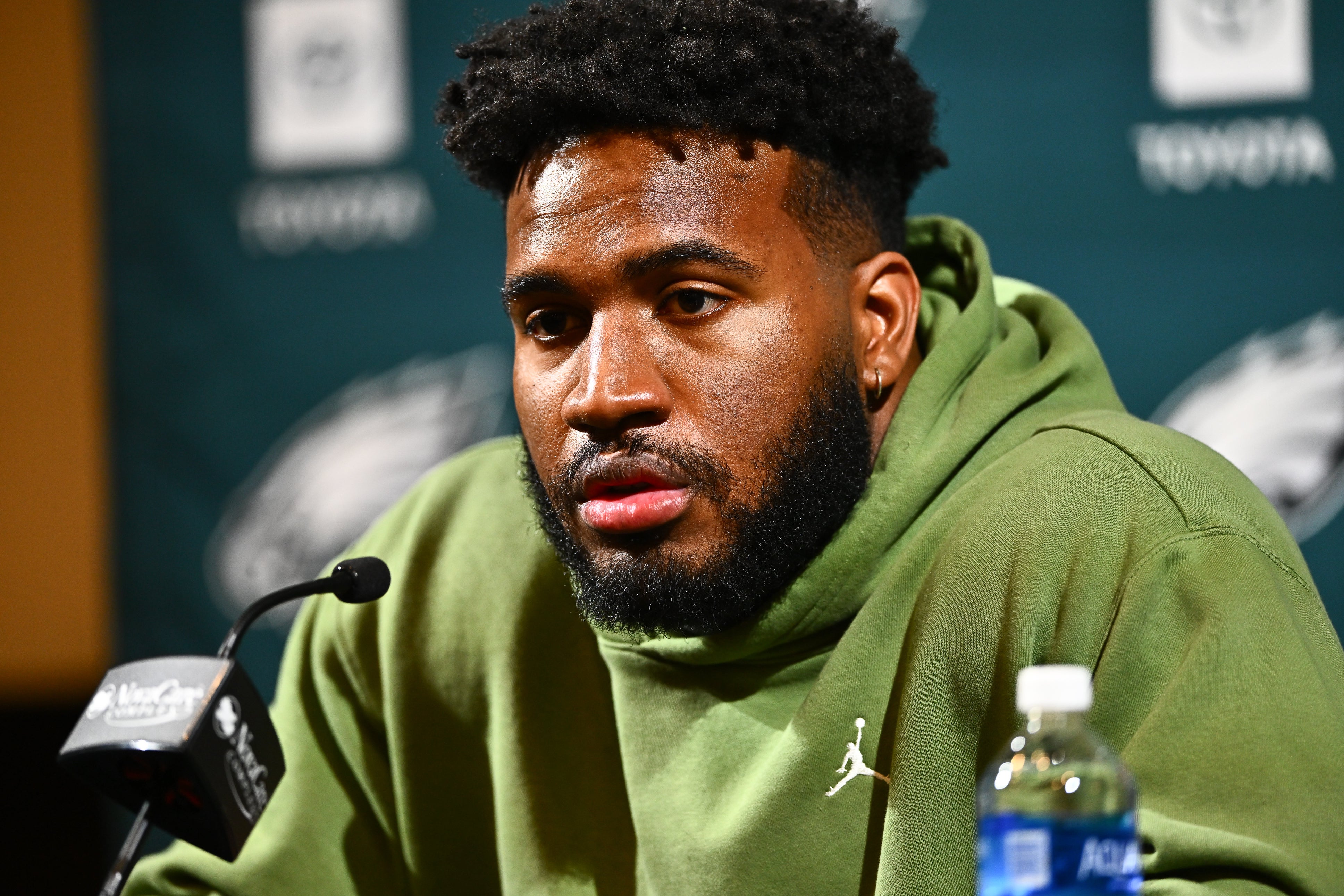 Philadelphia Eagles linebacker Bryce Huff speaks during a press conference after signing with the team.