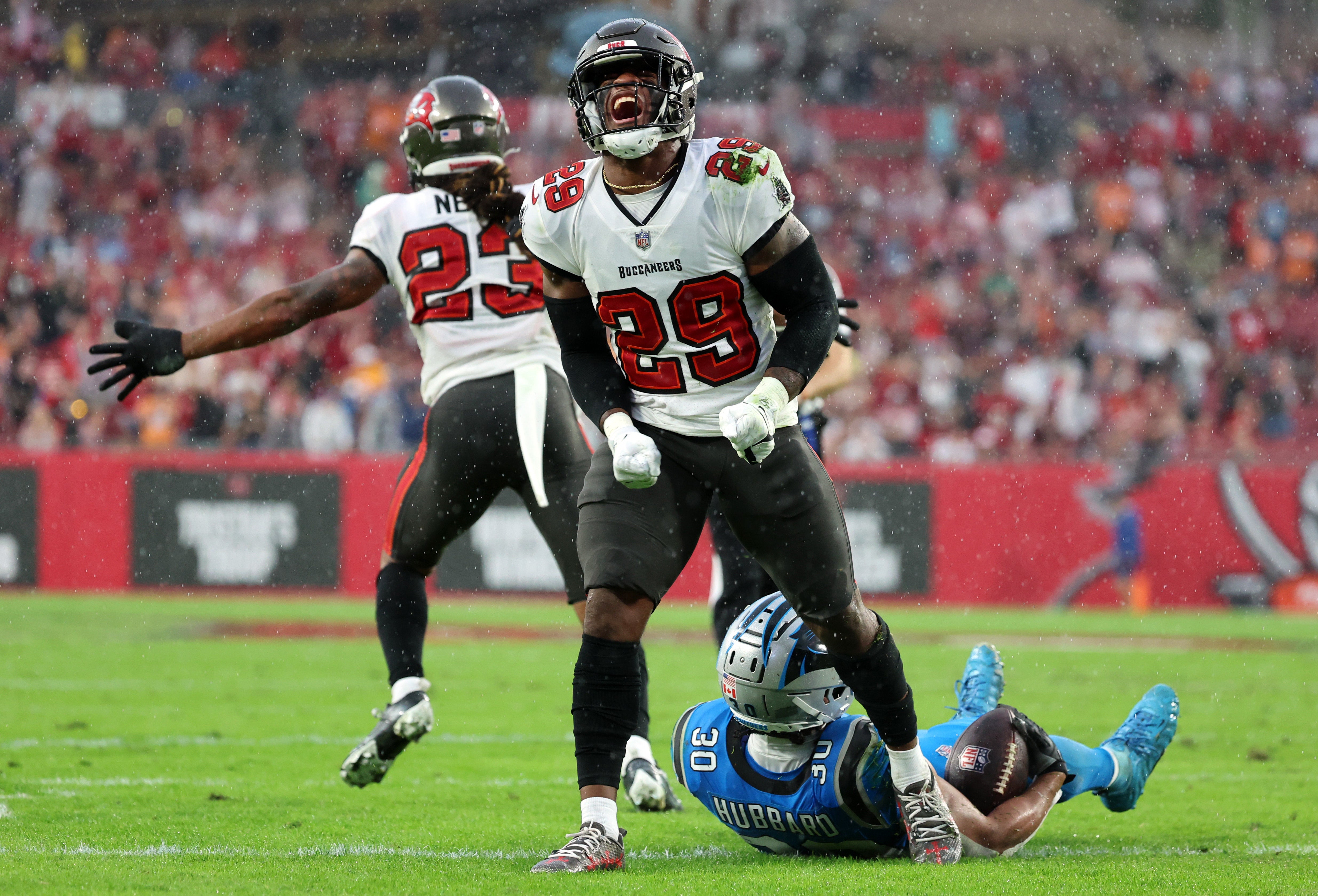 Dec 3, 2023; Tampa, Florida, USA; Tampa Bay Buccaneers safety Christian Izien (29) celebrates after he tackles Carolina Panthers running back Chuba Hubbard (30) during the first half at Raymond James Stadium.