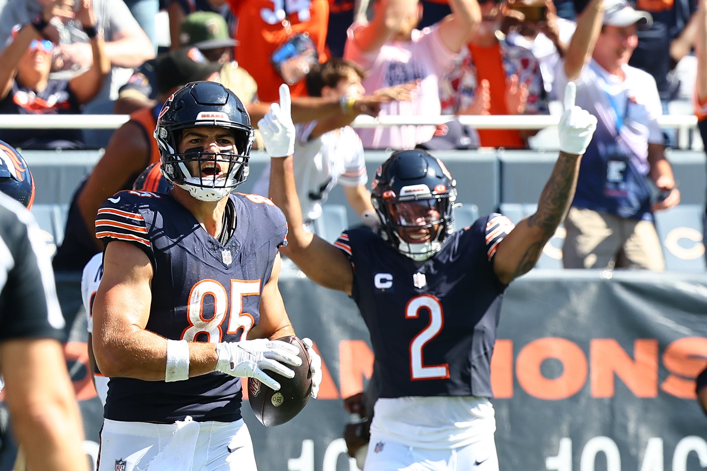 Oct 1, 2023; Chicago, Illinois, USA; Chicago Bears tight end Cole Kmet (85) reacts after making touchdown catch against the Denver Broncos during the first half at Soldier Field.