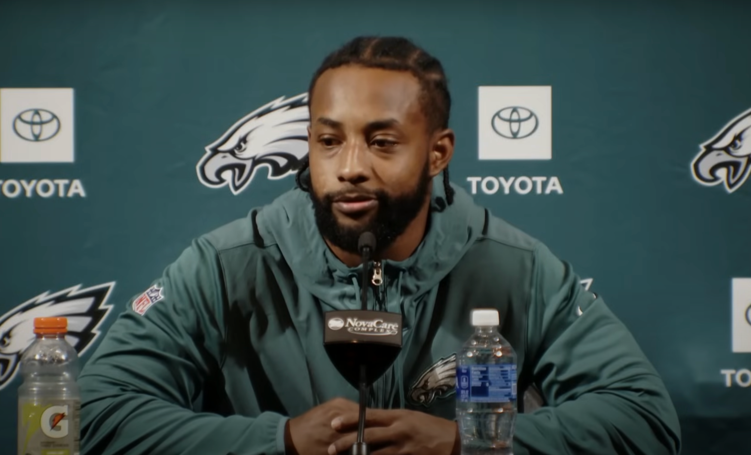 Philadelphia Eagles WR Ainias Smith talks to reporters during rookie minicamp.