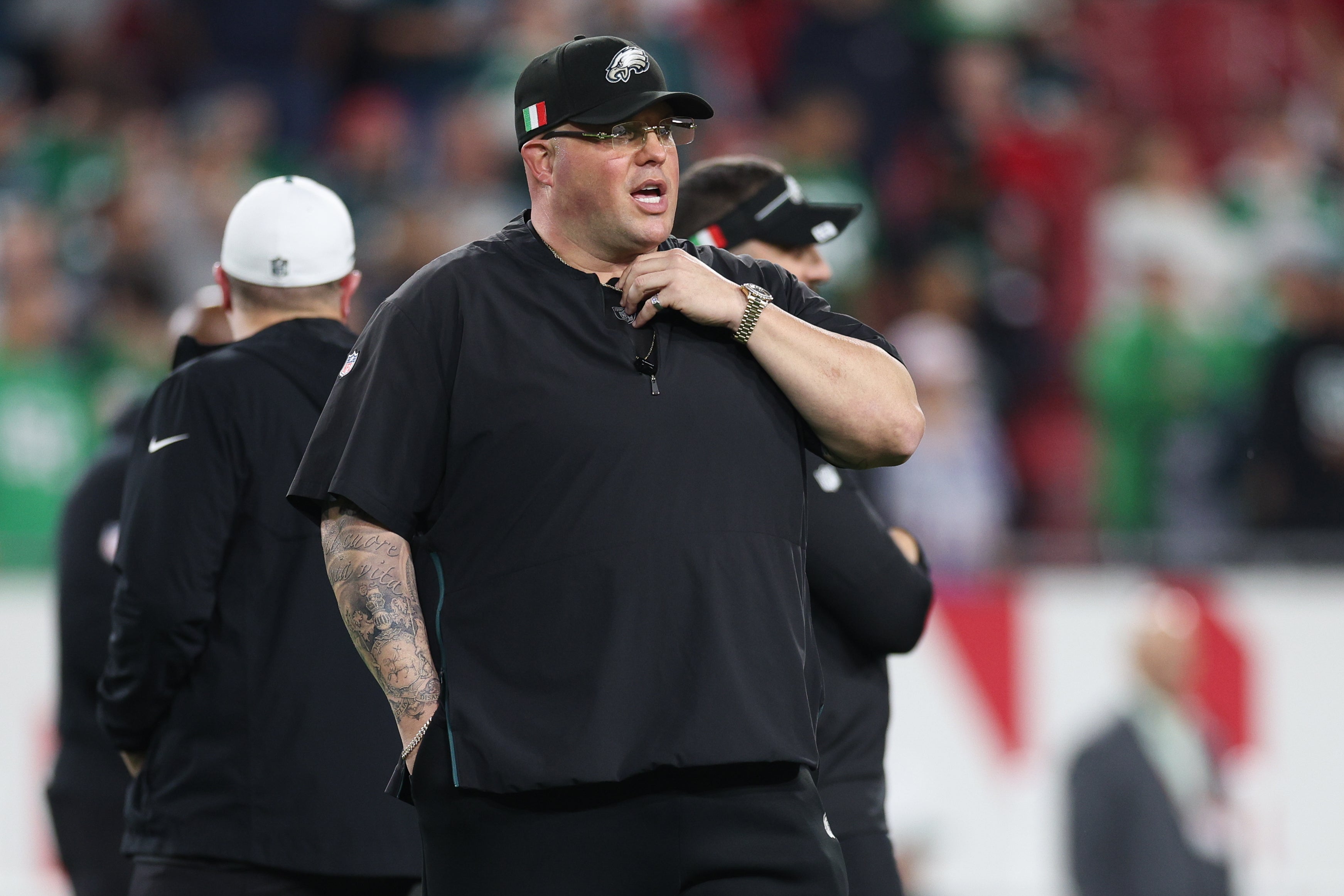 Philadelphia Eagles chief security officer Dom DiSandro stands on the field before a 2024 NFC wild card game against the Tampa Bay Buccaneers at Raymond James Stadium.