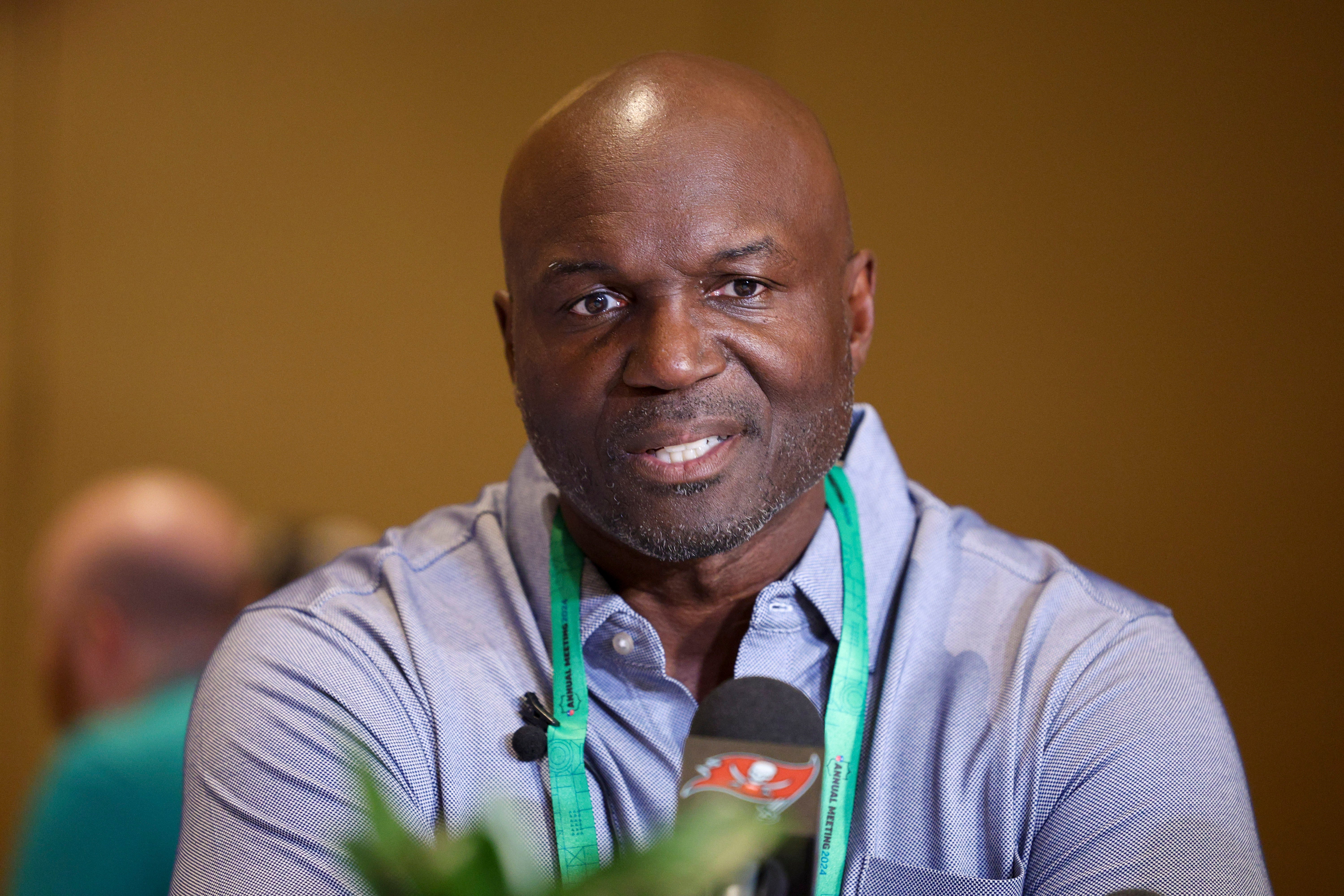 Mar 26, 2024; Orlando, FL, USA; Tampa Bay Buccaneers head coach Todd Bowles speaks to the media during the NFL annual league meetings at the JW Marriott.