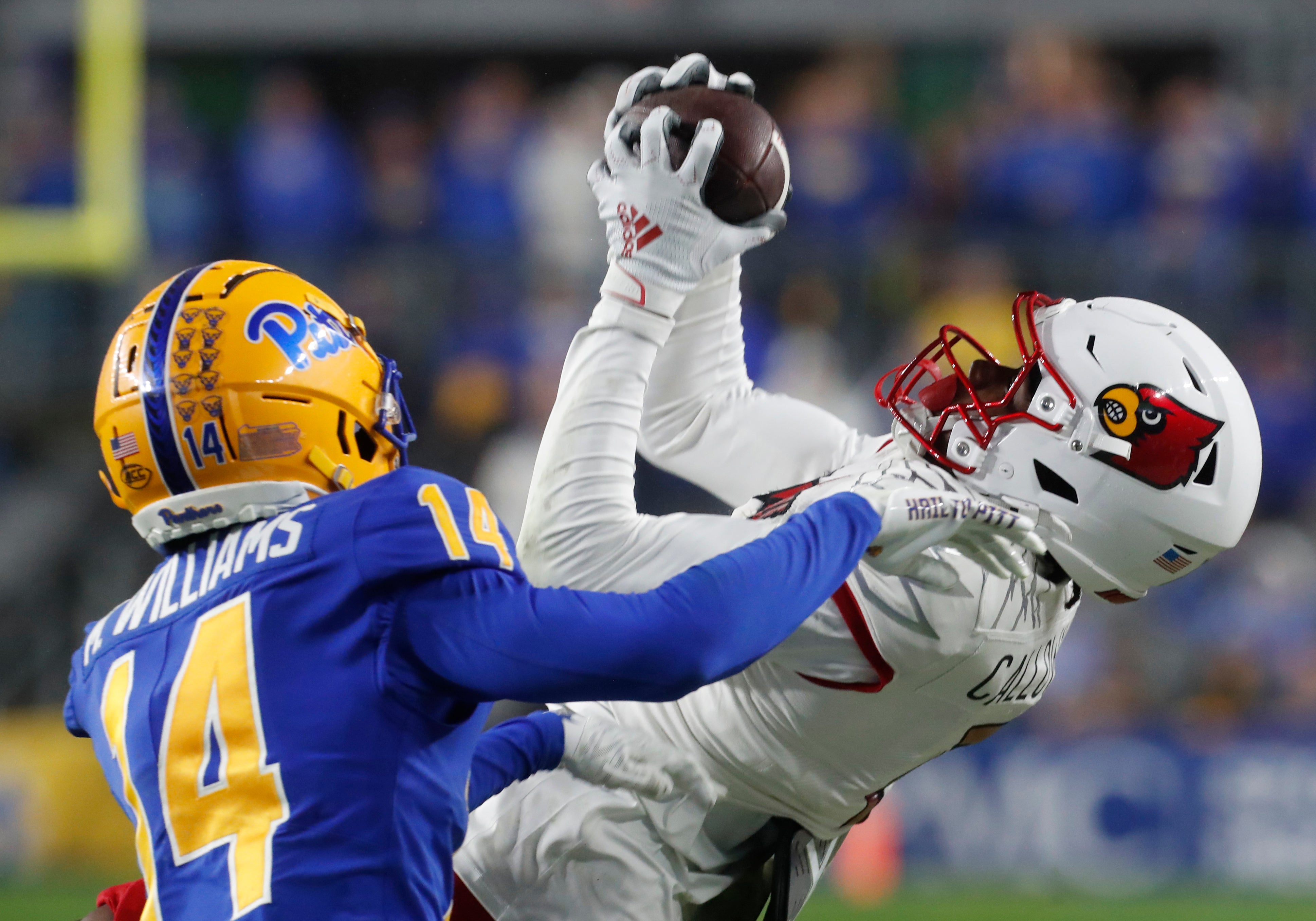 Oct 14, 2023; Pittsburgh, Pennsylvania, USA; Louisville Cardinals wide receiver Jimmy Calloway (7) makes a catch along the sidelines against Pittsburgh Panthers defensive back Marquis Williams (14) during the fourth quarter at Acrisure Stadium. Pittsburgh won 38-21. Mandatory Credit: Charles LeClaire-USA TODAY Sports
