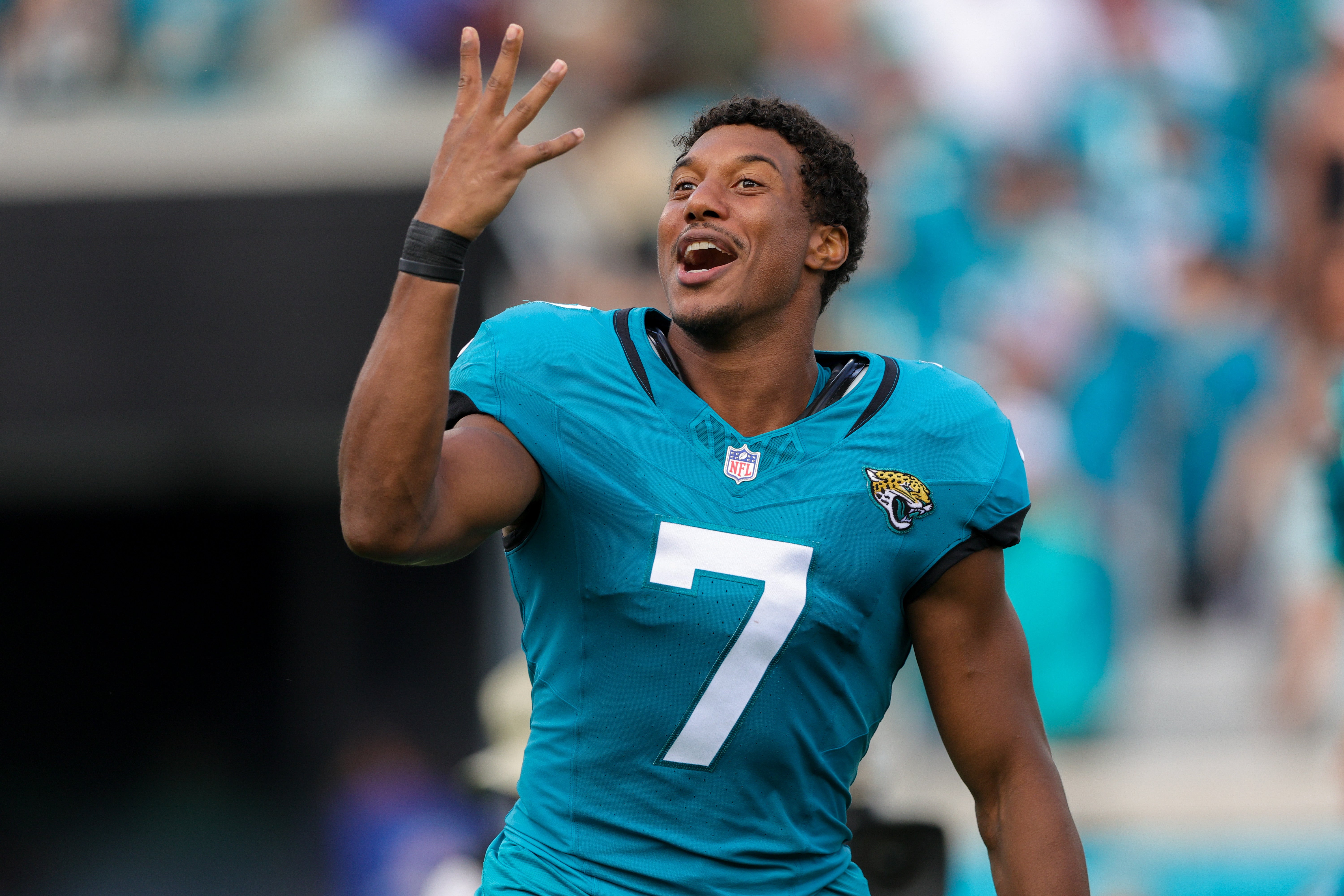 Sep 17, 2023; Jacksonville, Florida, USA; Jacksonville Jaguars wide receiver Zay Jones (7) is introduced before a game against the Kansas City Chiefs at EverBank Stadium.