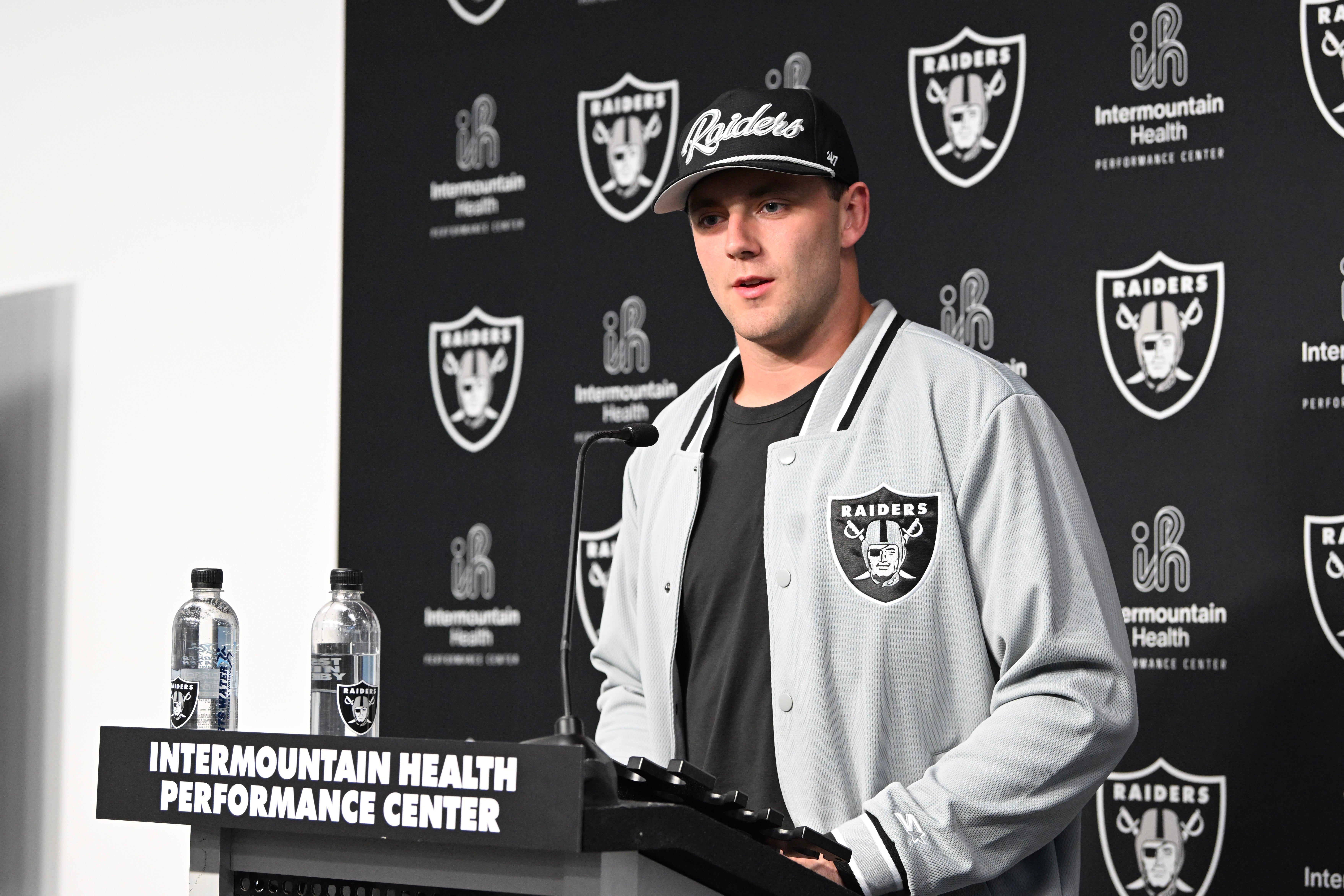 Las Vegas Raiders tight end Brock Bowers speaks to the media at Intermountain Health Performance Center in Henderson, NV.