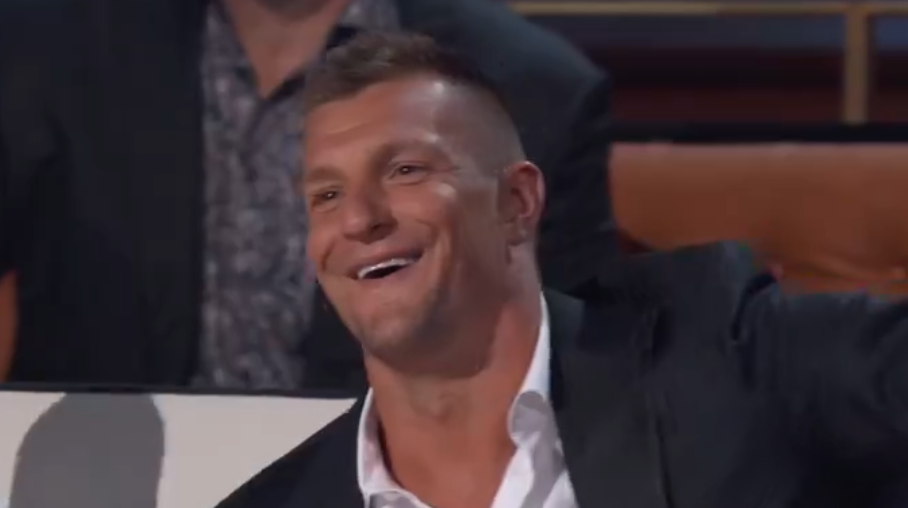 Rob Gronkowski reacts to jokes during Tom Brady's Netflix Roast on Sunday night.