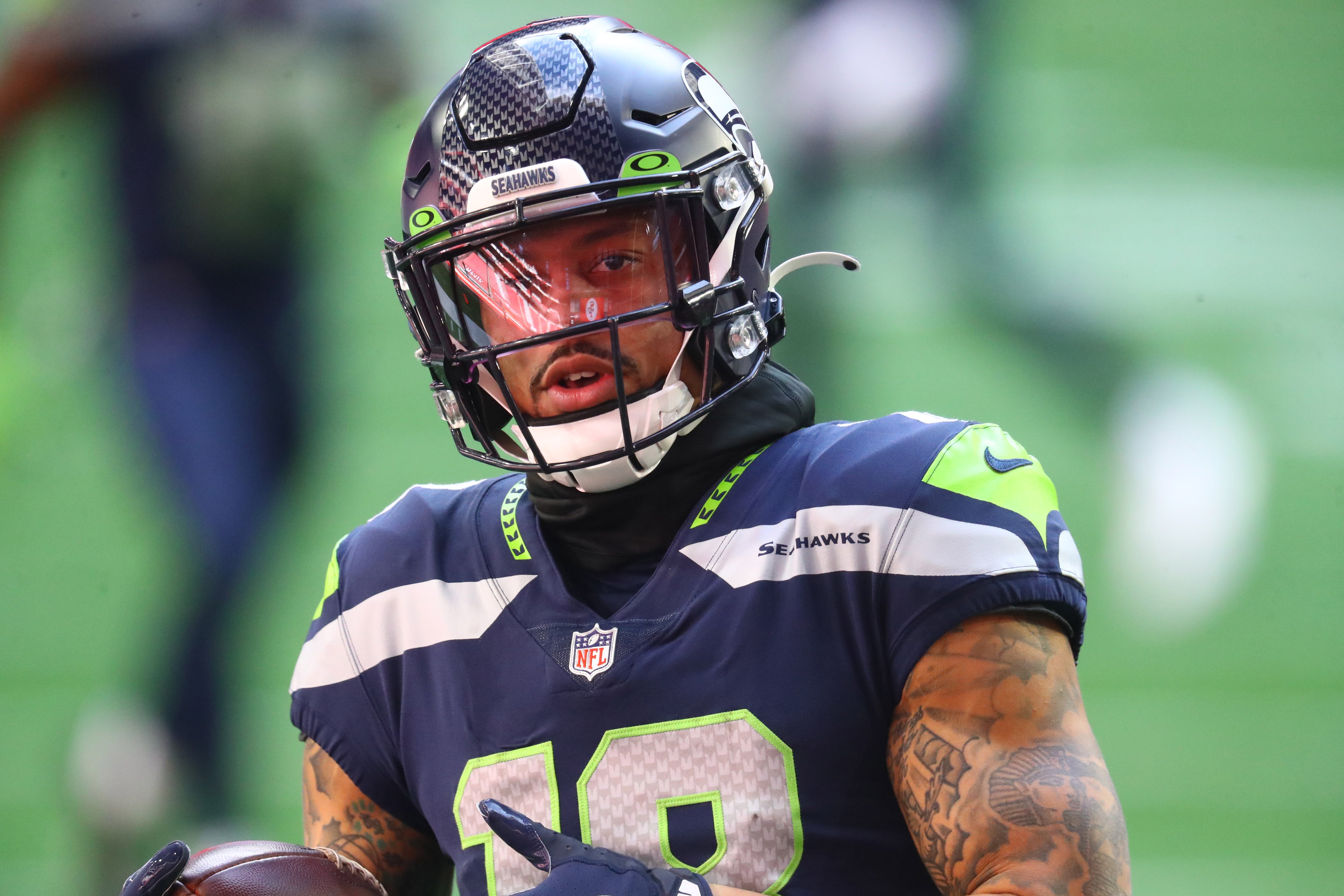 Jan 3, 2021; Glendale, Arizona, USA; Seattle Seahawks wide receiver Freddie Swain (18) against the San Francisco 49ers at State Farm Stadium.